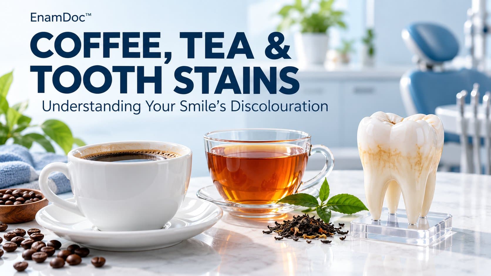 Cups of coffee and tea beside a tooth model showing surface staining.