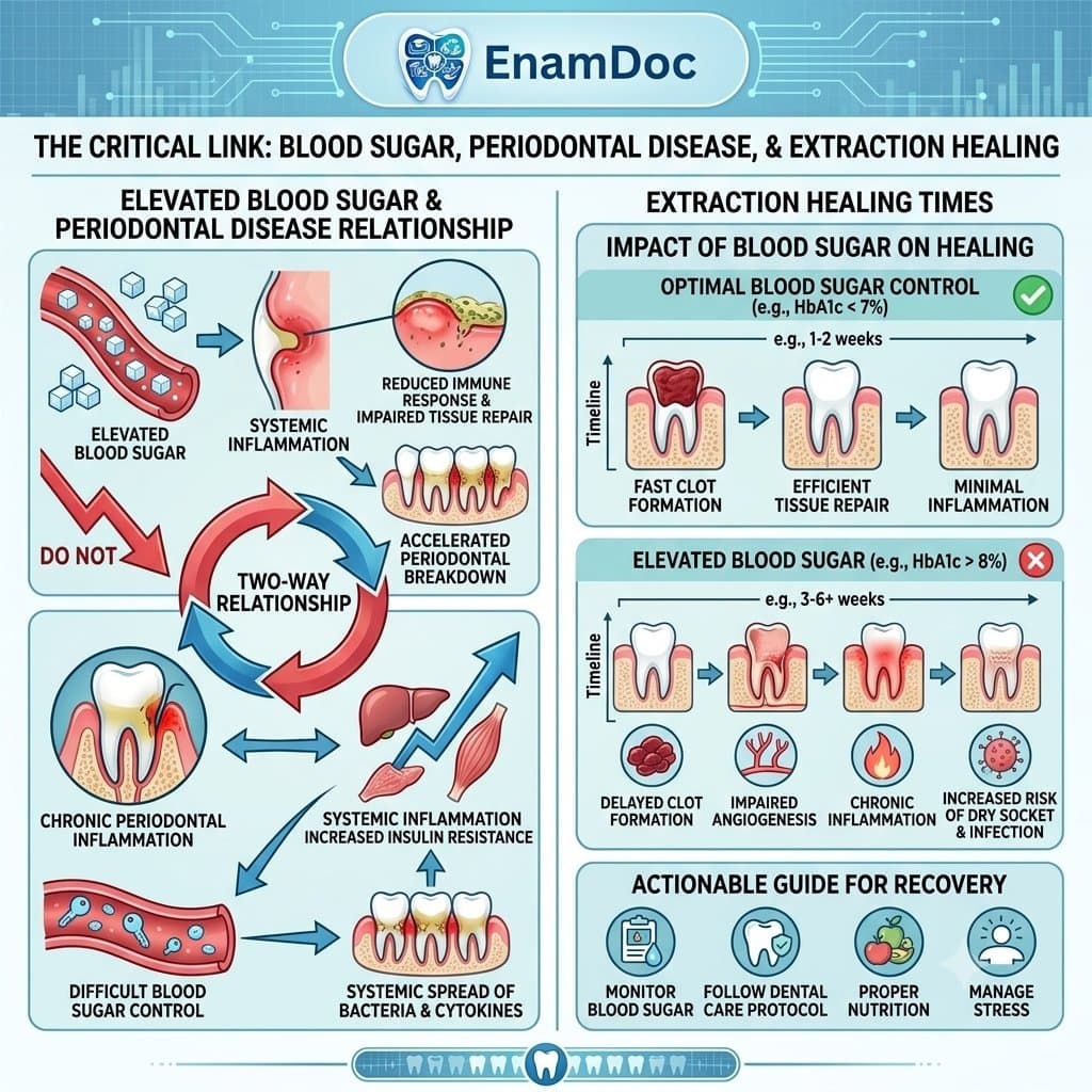 Medical infographic illustrating the two-way relationship between elevated blood sugar levels and periodontal gum disease alongside extraction healing times, featuring the EnamDoc logo.