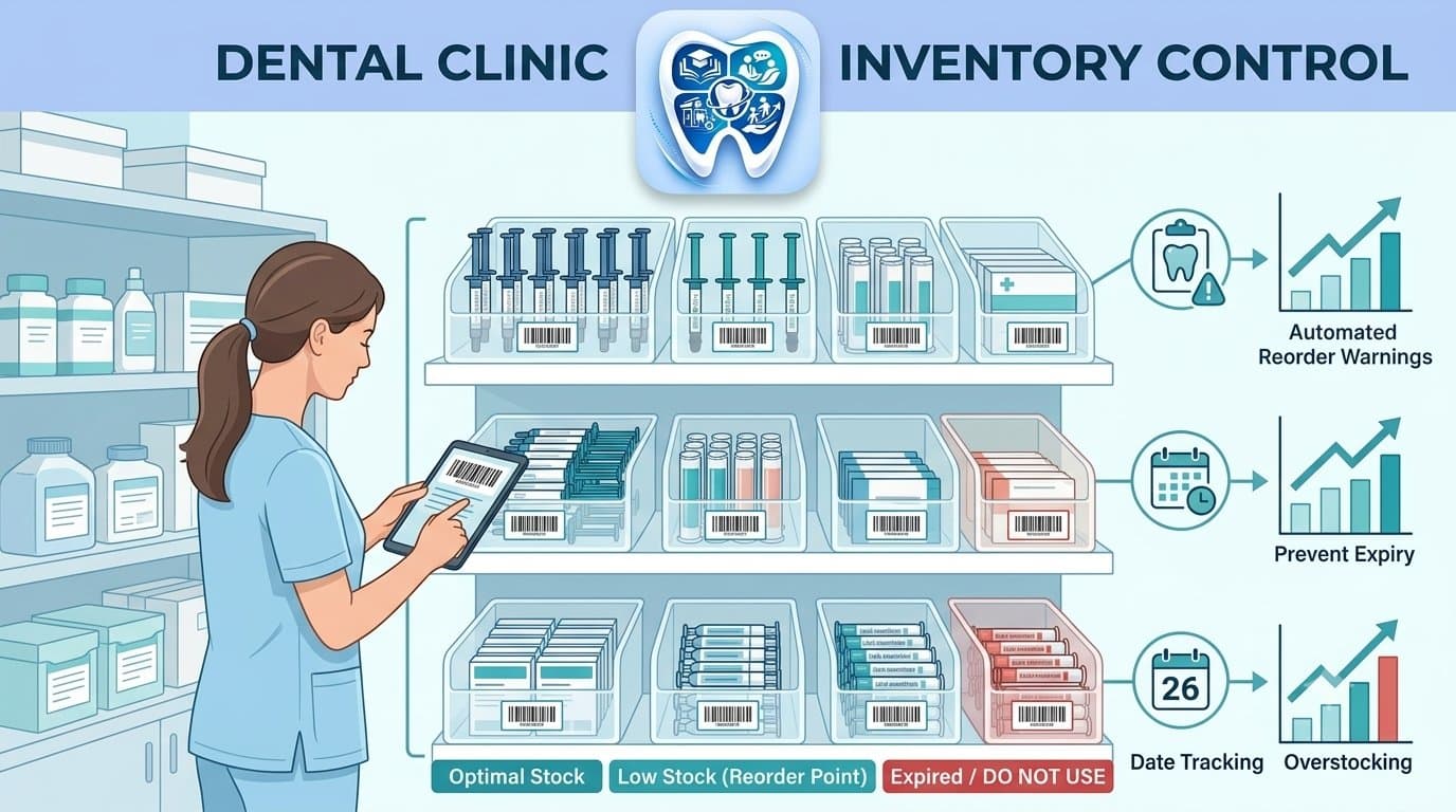 Modern dental clinic infographic visualizing effective inventory control: organized shelves with color-coded bins for composite resins, impression materials, and anaesthesia. A clinician scans supplies with a tablet, highlighting automated warnings to 'Prevent Expiry' and 'Overstocking'. The EnamDoc logo is prominently integrated at the top center.