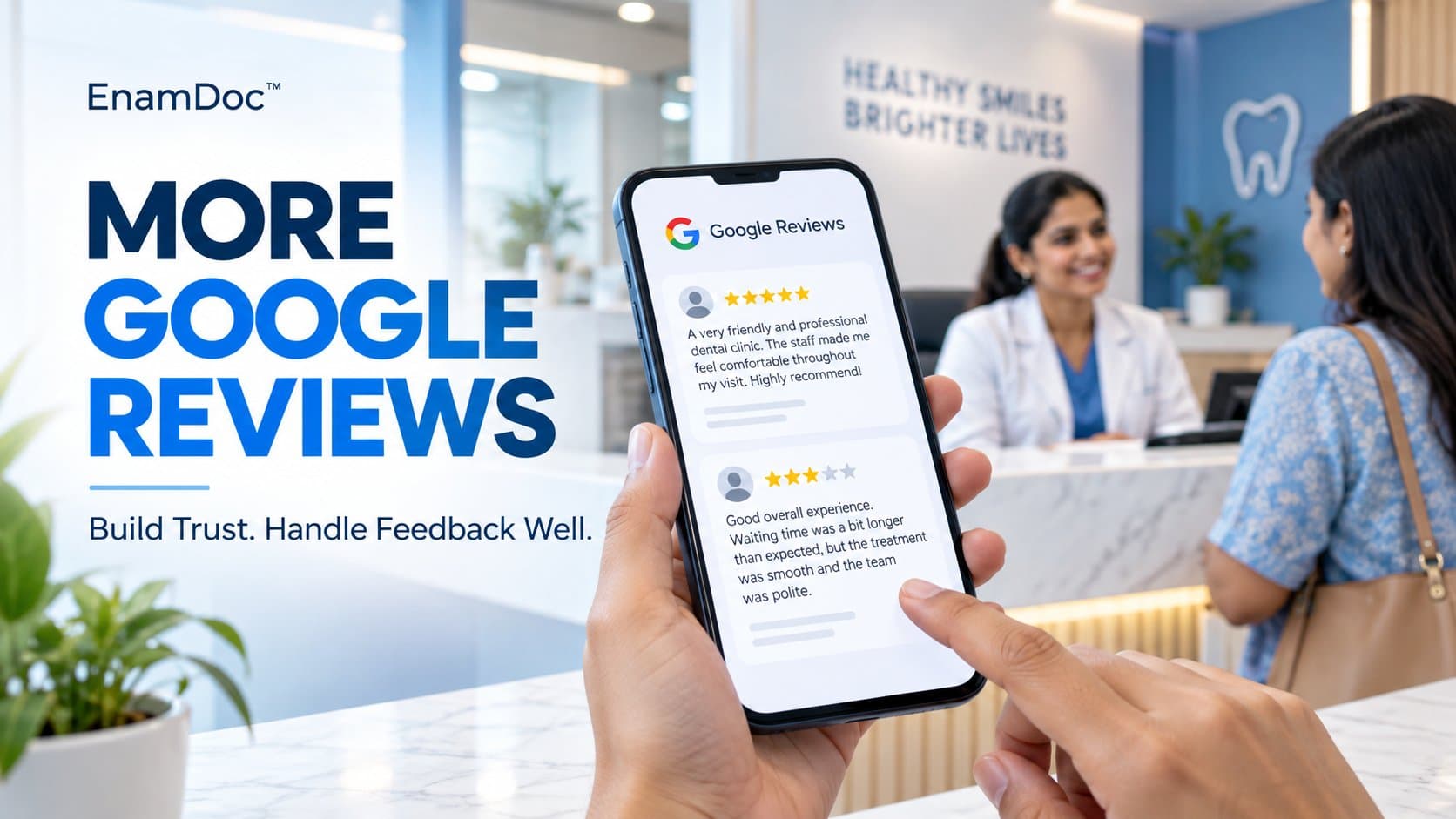 Smartphone displaying positive and critical reviews at a dental clinic reception.