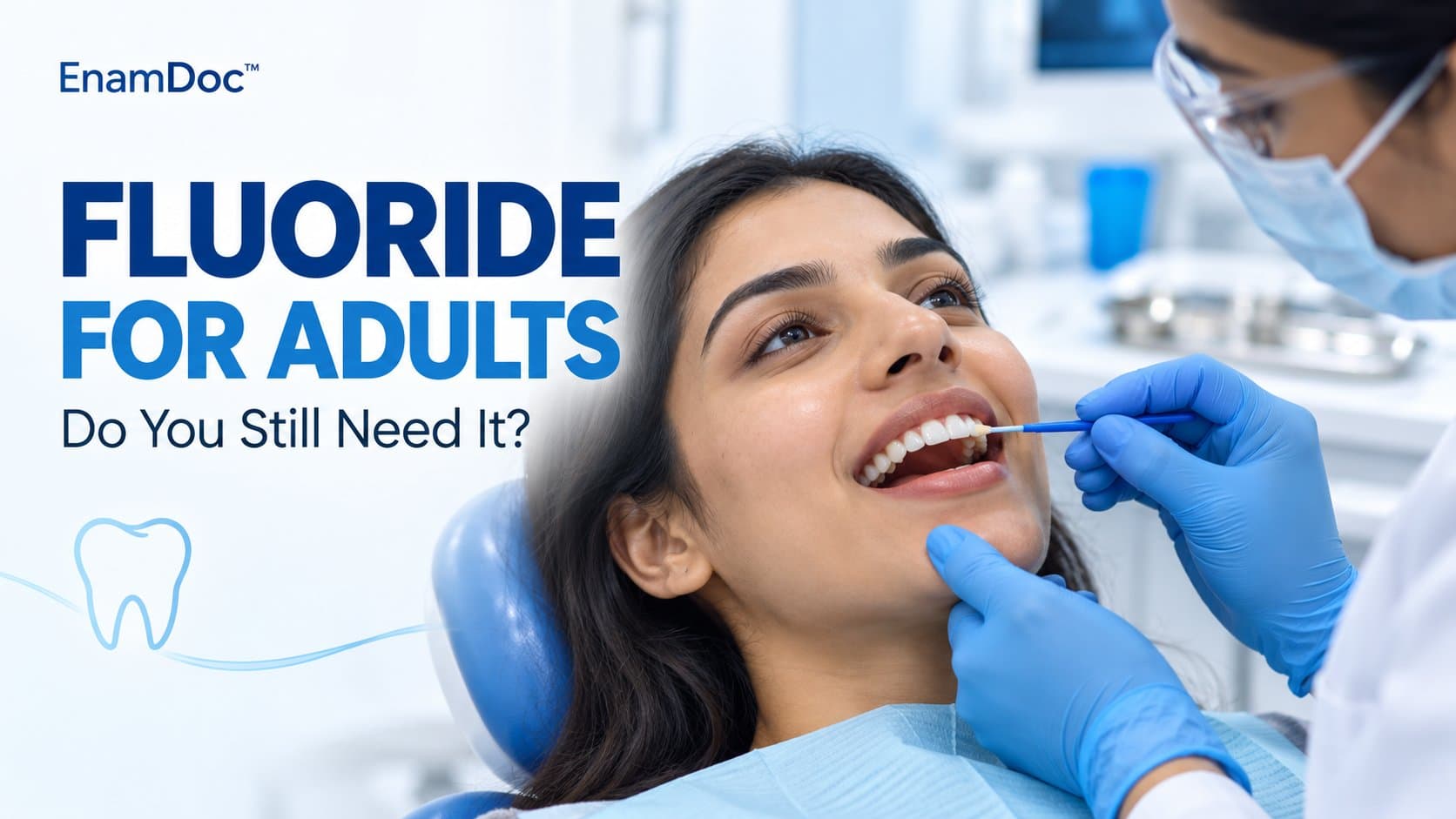Dentist applying fluoride varnish to an adult patient’s teeth with a small brush.