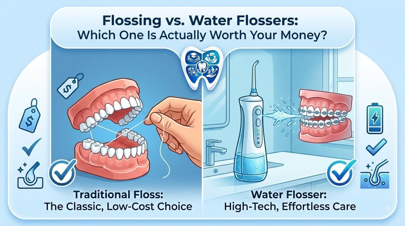 An infographic comparing the value of traditional flossing and water flossers. The clean blue-toned image is split, showing a hand using string floss (labeled "Traditional, Low-Cost") on the left and a water flosser cleansing braces (labeled "High-Tech, Gentle") on the right. The complex EnamDoc tooth logo from the application is integrated at the top center.