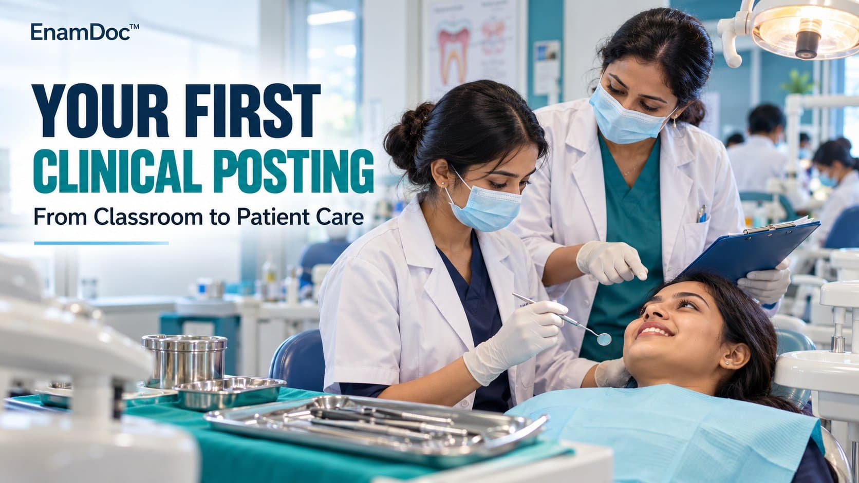 Dental student beside a patient’s chair receiving guidance from a senior clinician in a teaching clinic.
