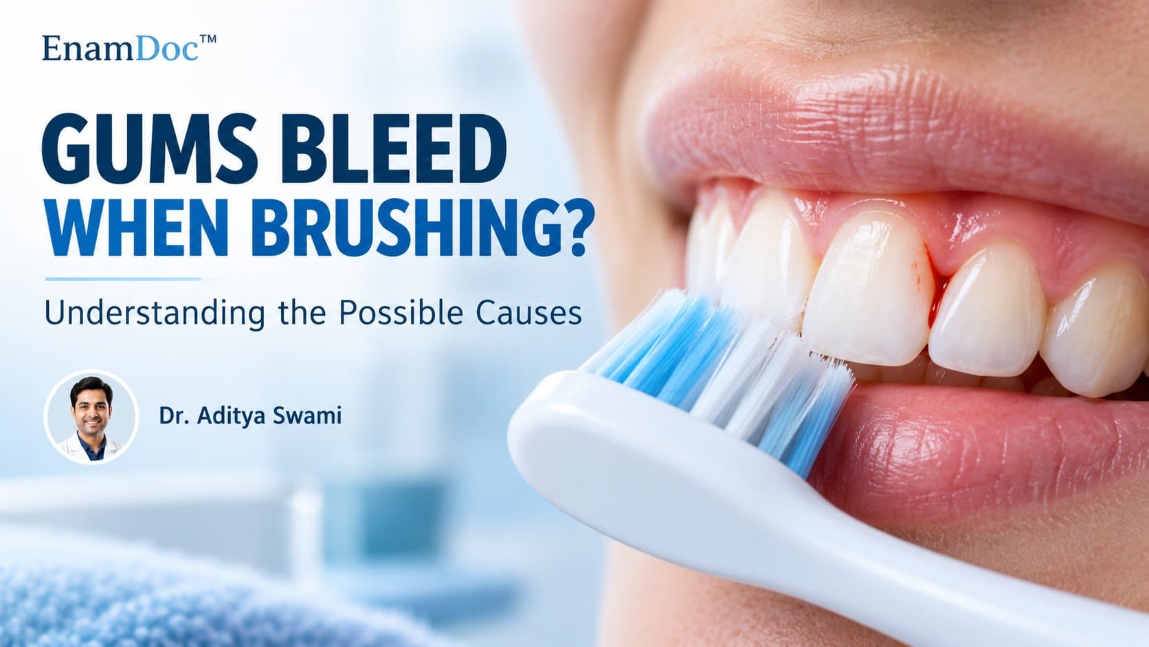 Close-up of a toothbrush cleaning front teeth beside a bleeding gumline.