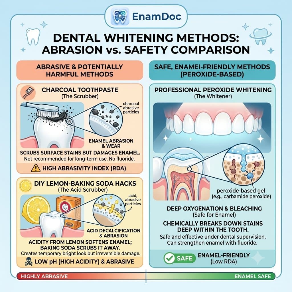 Infographic comparing the abrasive effects of charcoal toothpaste and DIY lemon-baking soda hacks against safe, enamel-friendly peroxide whitening methods with the EnamDoc logo.