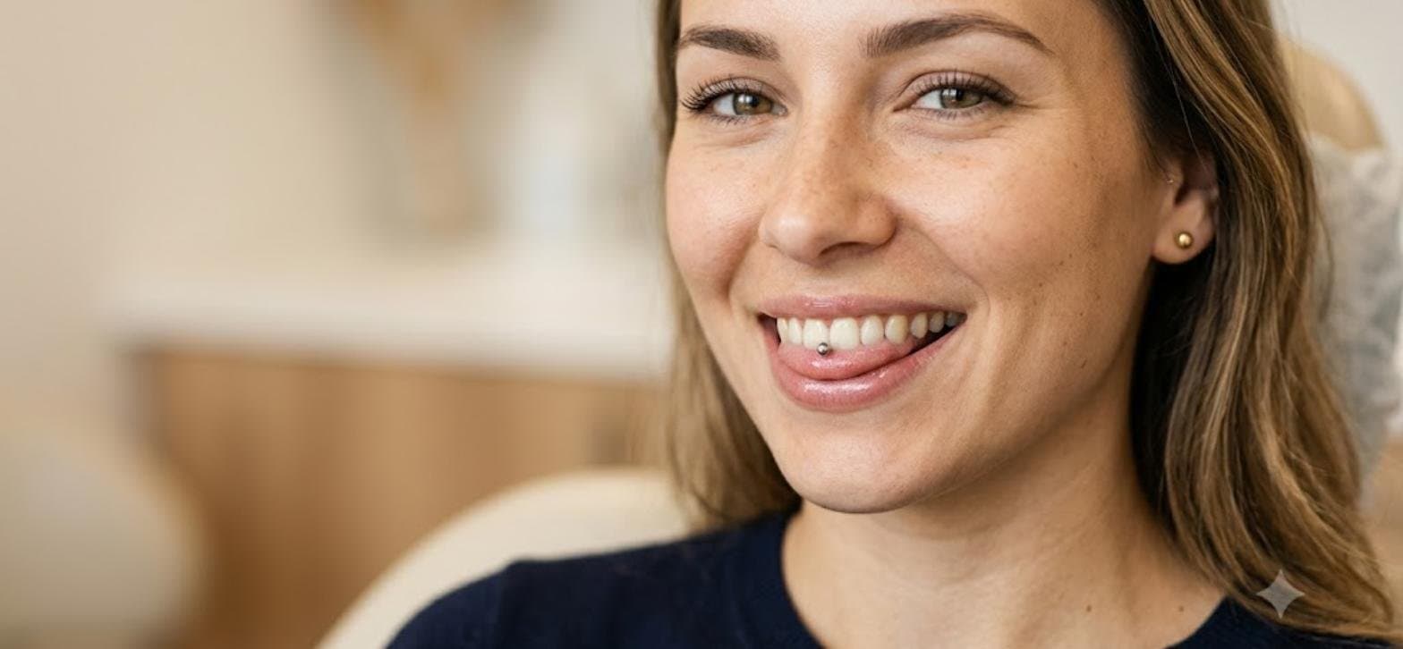 Close-up of a smiling young adult with a tongue piercing barbell visible