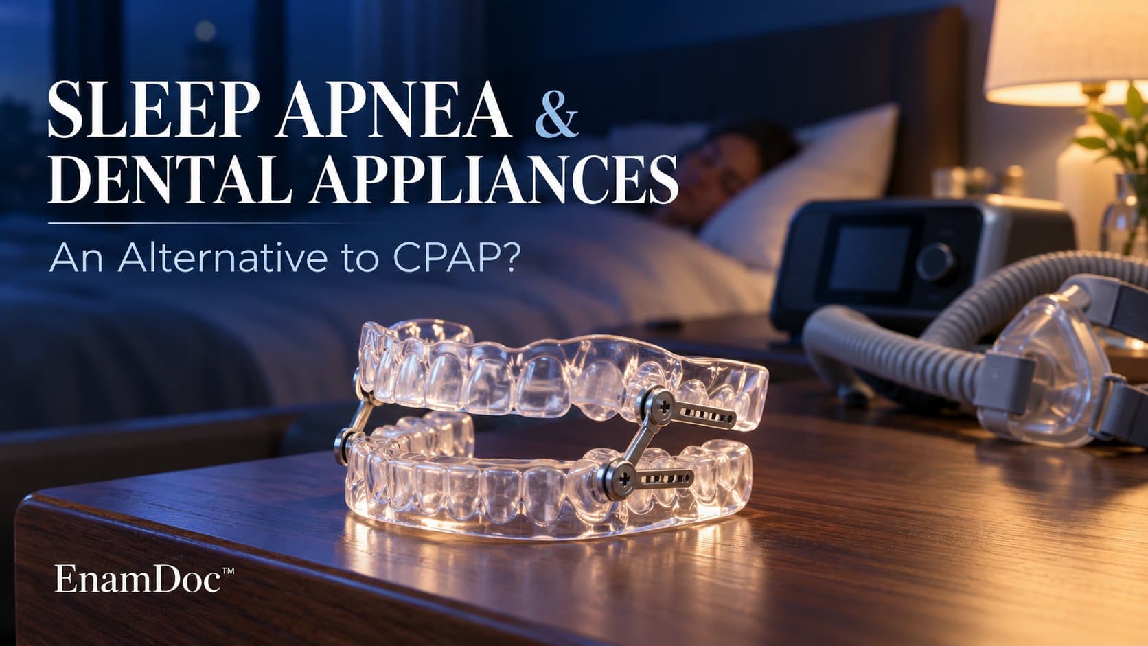 Clear mandibular advancement dental appliance beside a CPAP machine and mask in a softly lit bedroom.