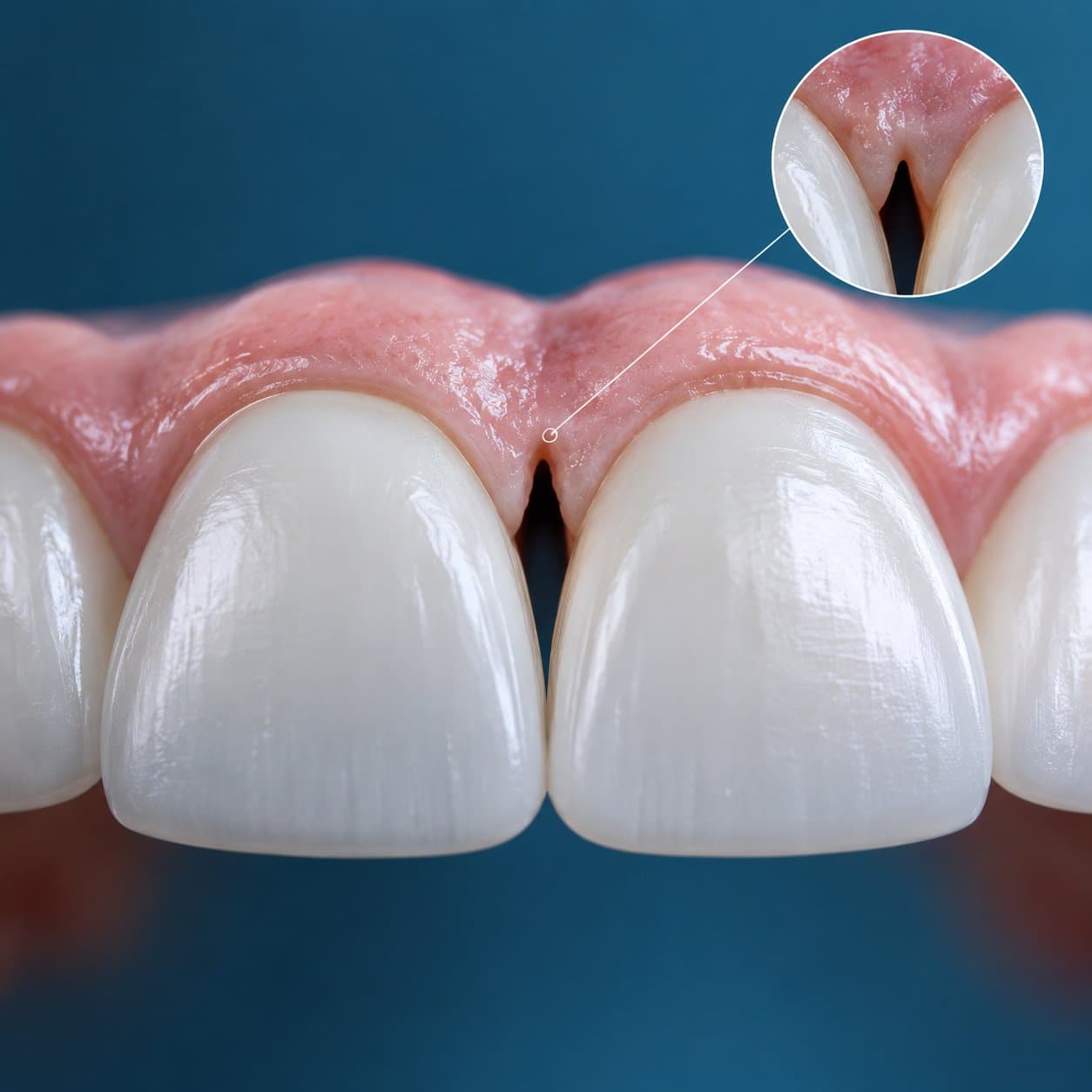 Close-up 3D illustration of gum recession causing a black triangle between teeth