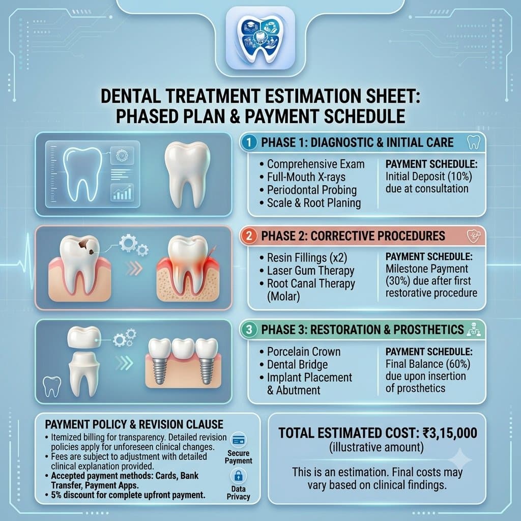 Infographic showing an itemized, phase-wise dental treatment estimation sheet with clear payment schedules and revision policies, featuring the EnamDoc logo.