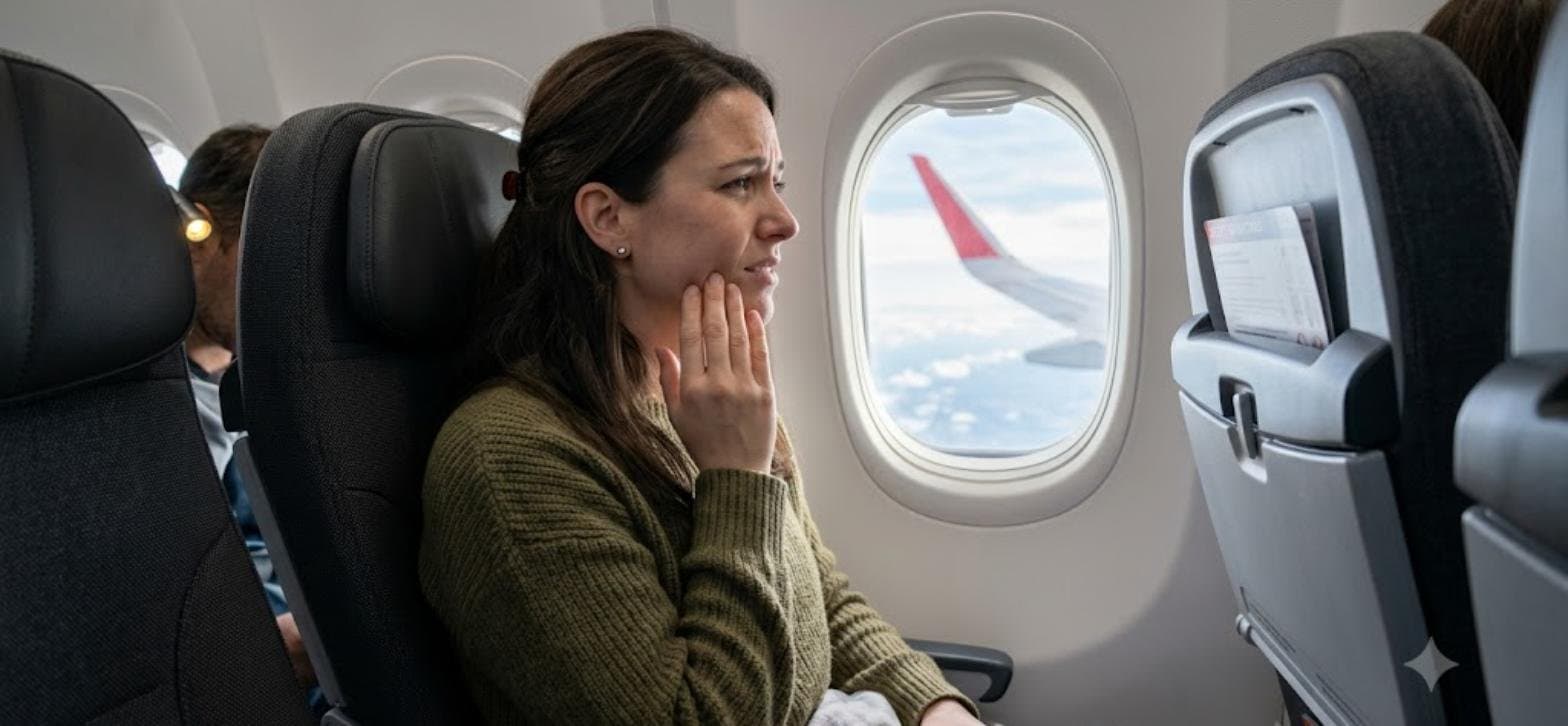 Airplane passenger touching her jaw in discomfort while looking out the window during flight