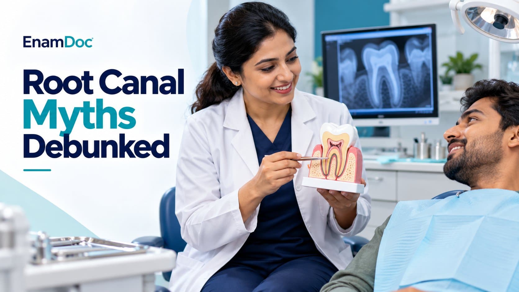 Dentist using a tooth model to explain root canal treatment to a patient