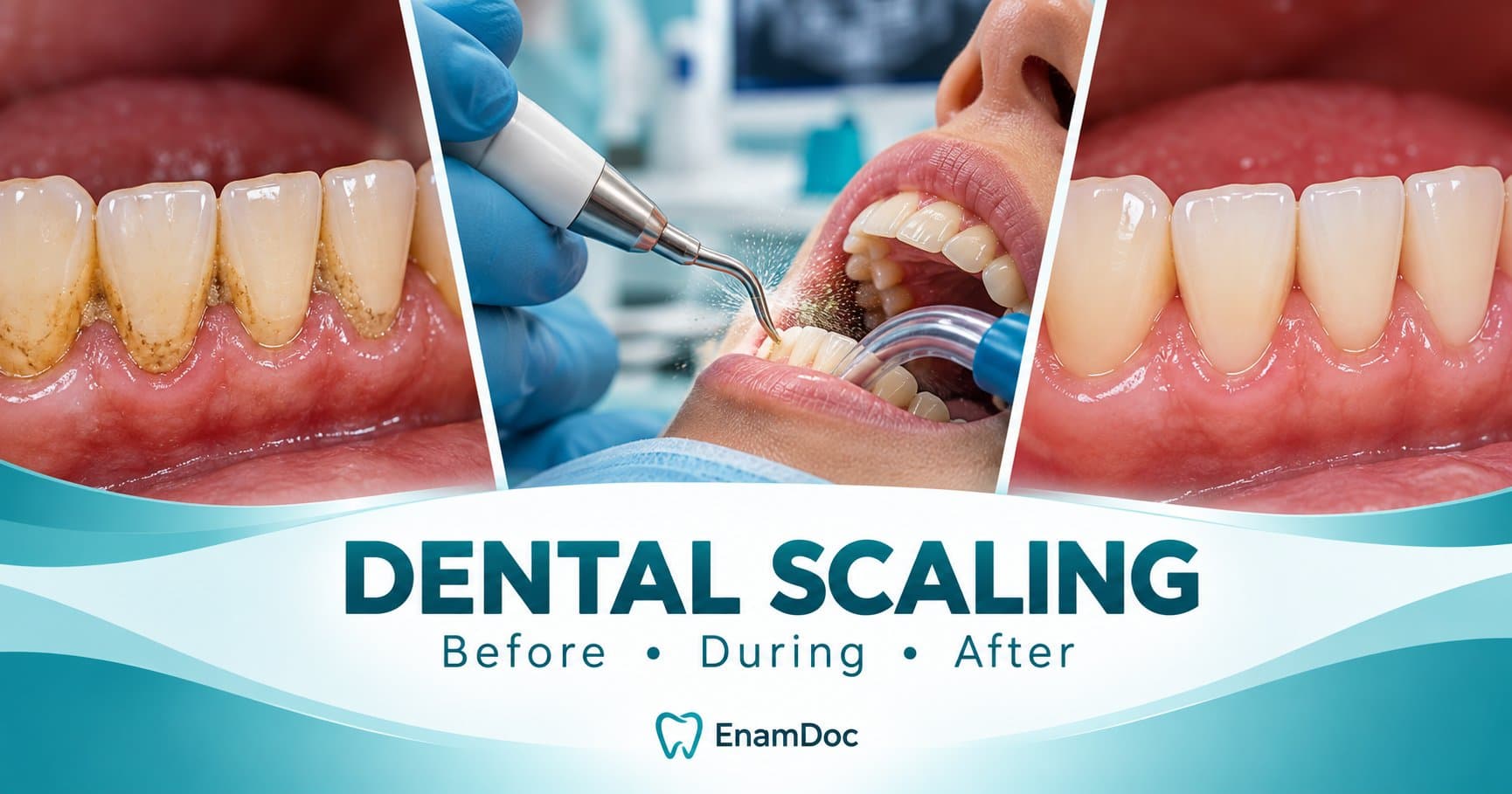 Three-panel image showing tartar on teeth, dental scaling in progress, and clean teeth after scaling.