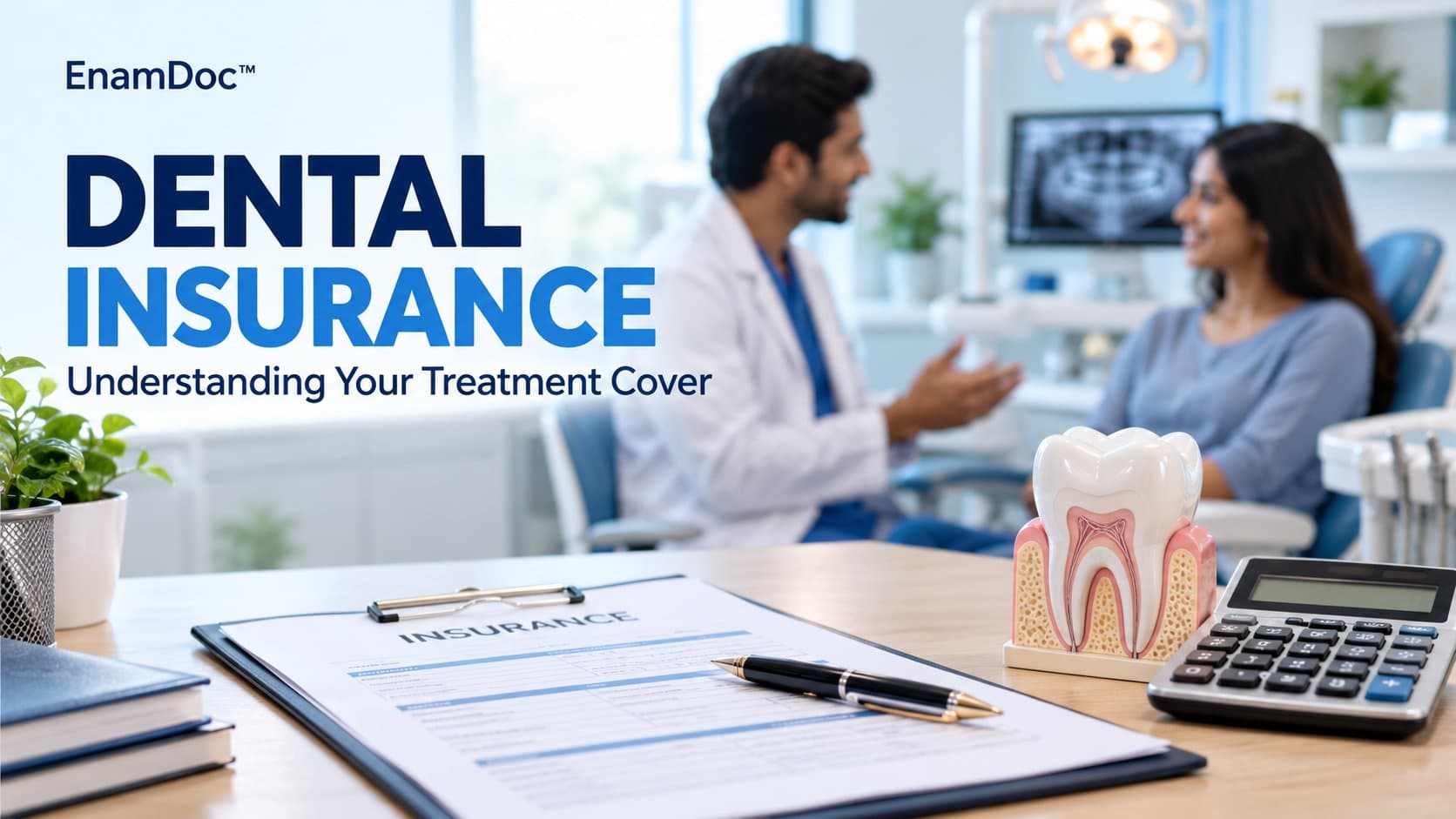 Insurance paperwork, calculator, and tooth model with a dentist and patient talking in the background.