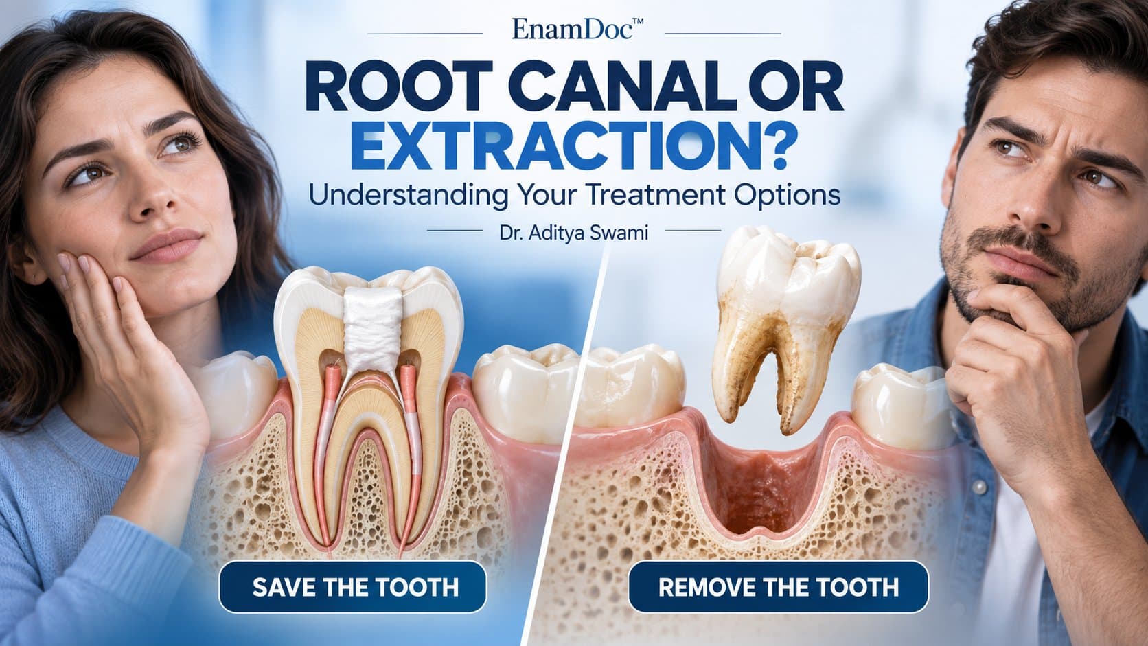Side-by-side illustrations showing a molar preserved with root canal treatment and an extracted tooth above its socket.