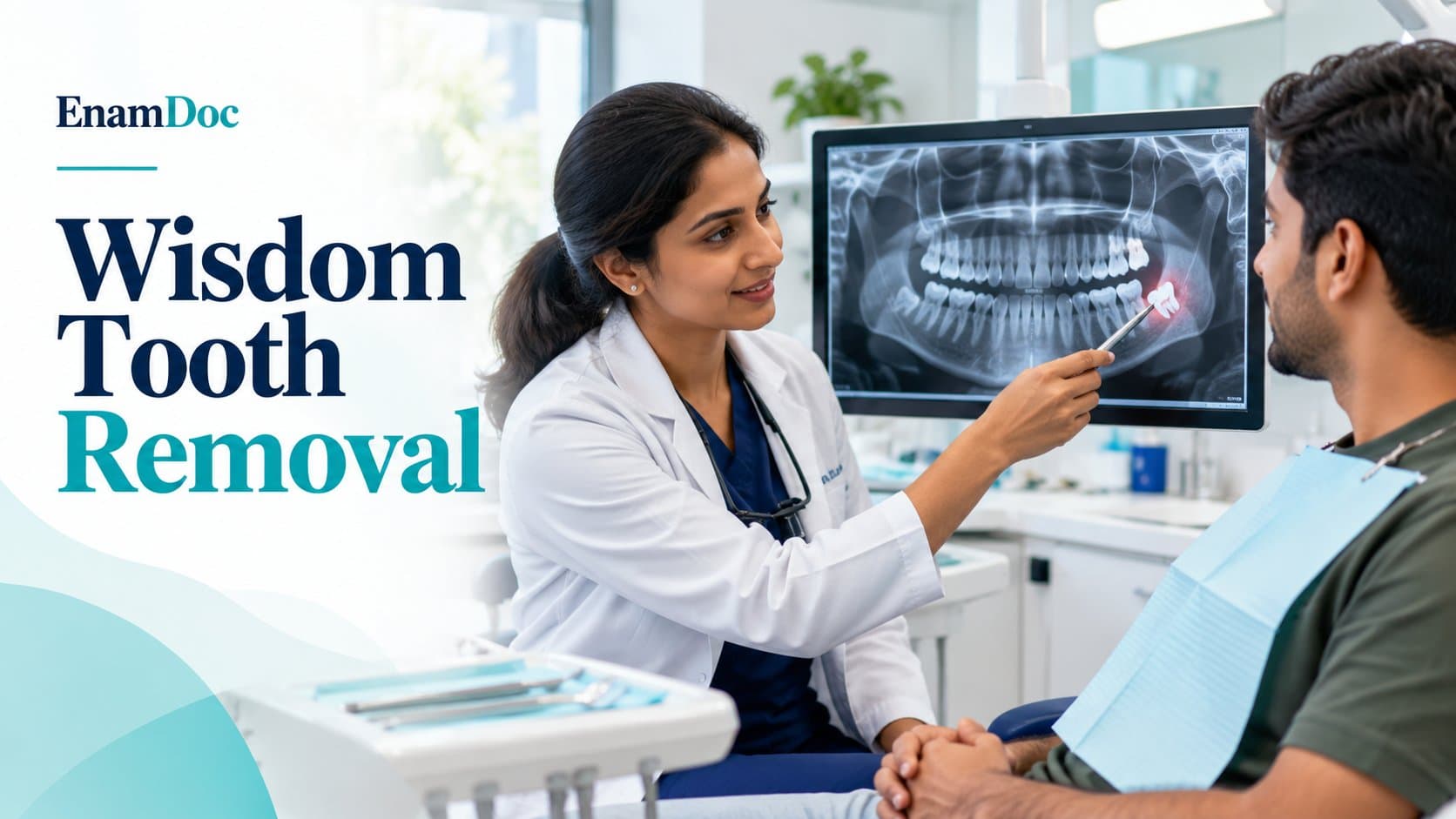 Dentist showing a patient a wisdom tooth on a panoramic X-ray