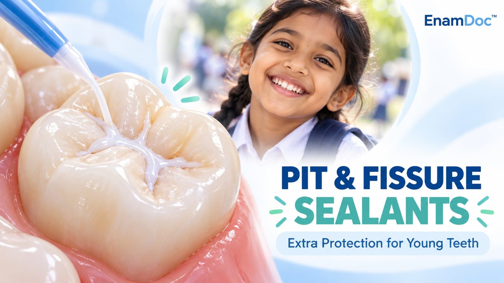 Illustration of sealant being applied to a molar’s chewing-surface grooves beside a smiling school-age child.