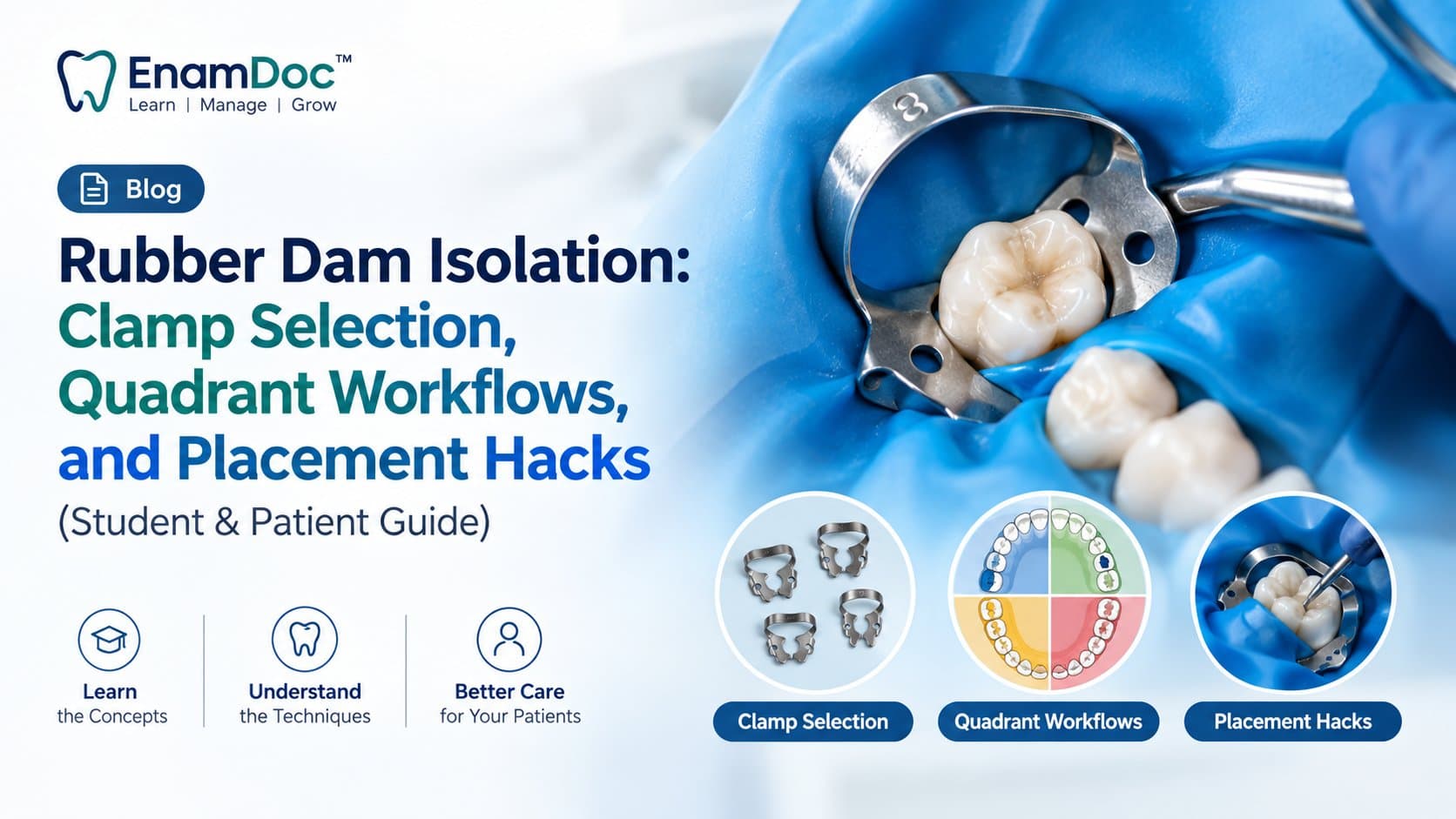 EnamDoc blog cover showing rubber dam isolation in dentistry, including clamp selection, quadrant workflow diagrams, and rubber dam placement around a molar for student and patient education.