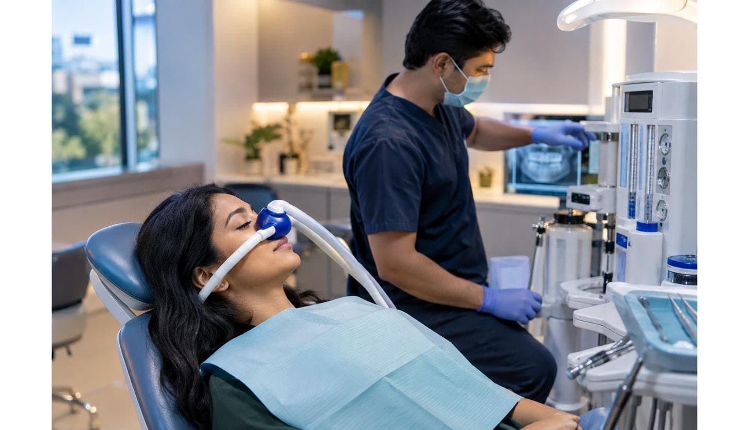 Dentist preparing nitrous oxide sedation for a relaxed patient in a modern Indian dental clinic