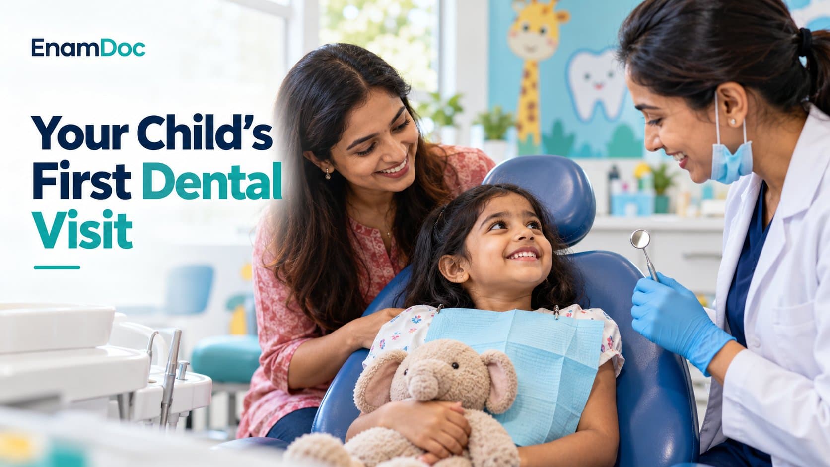 Child smiling with a parent and dentist during a first dental visit