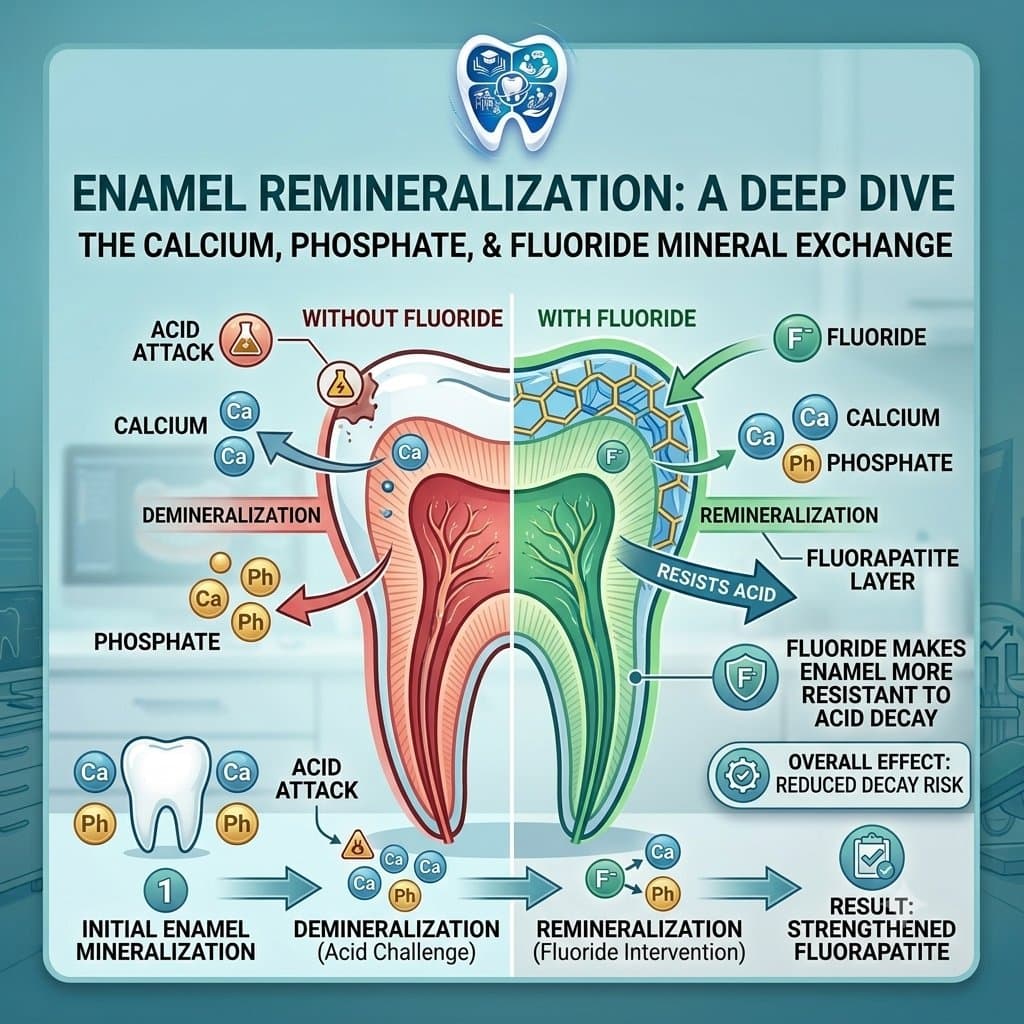 Informative diagram highlighting mineral exchange between calcium, phosphate, and fluoride on tooth enamel.