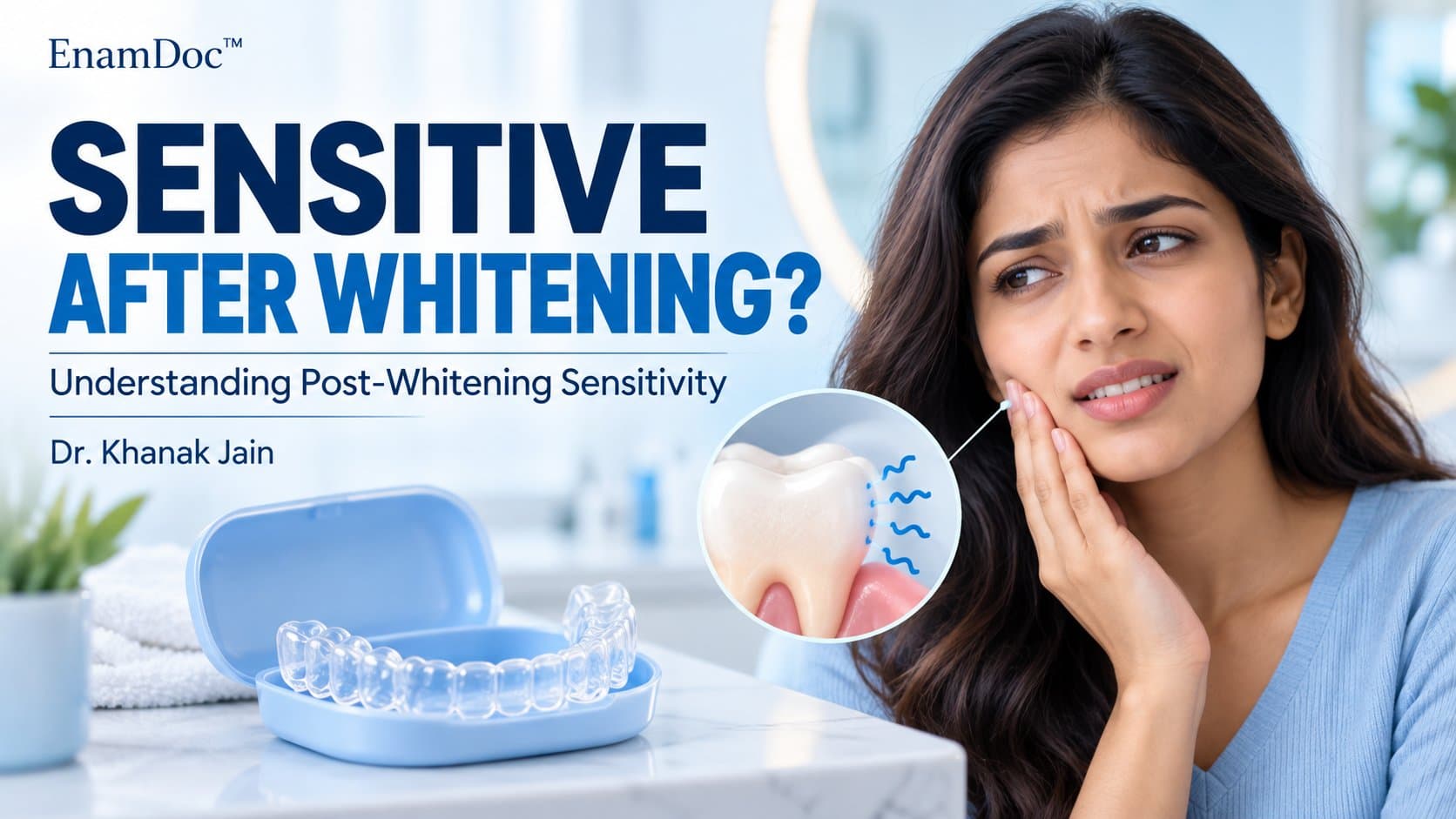 Woman touching her cheek beside a clear whitening tray and an illustration representing tooth sensitivity.