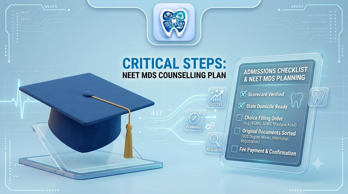 3D illustration of a graduation cap and a floating admissions checklist, representing NEET MDS counselling planning.