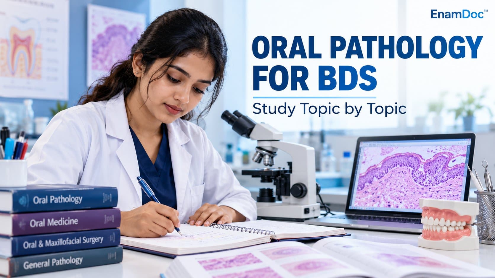 Dental student writing notes beside a microscope, pathology textbooks, and a laptop displaying a histology image.
