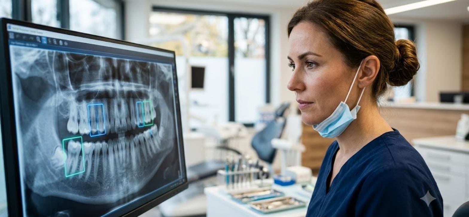 Dentist reviewing an AI-annotated dental X-ray on a clinic monitor for cavity detection