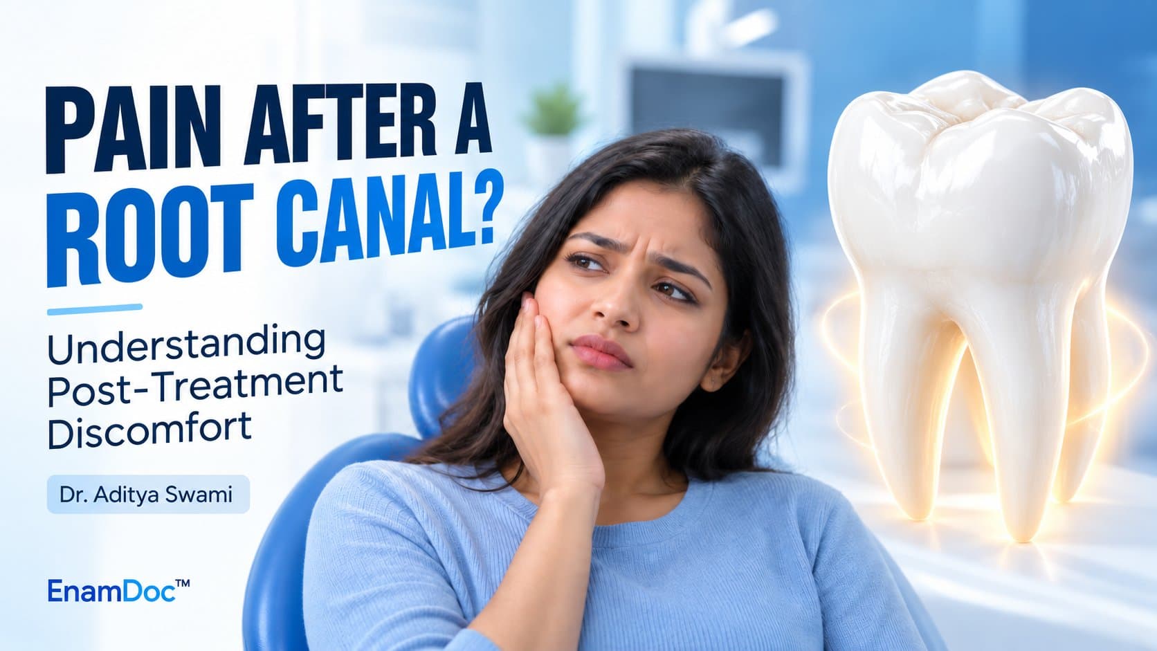 Woman holding her cheek beside a molar illustration, representing discomfort after root canal treatment.