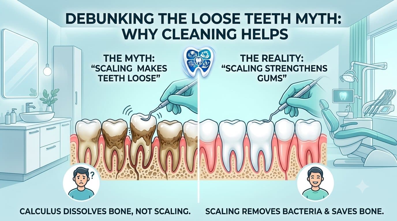 An educational infographic for EnamDoc debunking the loose teeth after scaling myth. The graphic is split, showing 'THE MYTH: "SCALING MAKES TEETH LOOSE"' with severe calculus causing bone loss, and 'THE REALITY: "SCALING STRENGTHENS GUMS"' showing healthy gums adapting closely to clean roots and a stable bone level. Text clarifies: 'CALCULUS DISSOLVES BONE, NOT SCALING.' The EnamDoc tooth shield logo is at the top center.