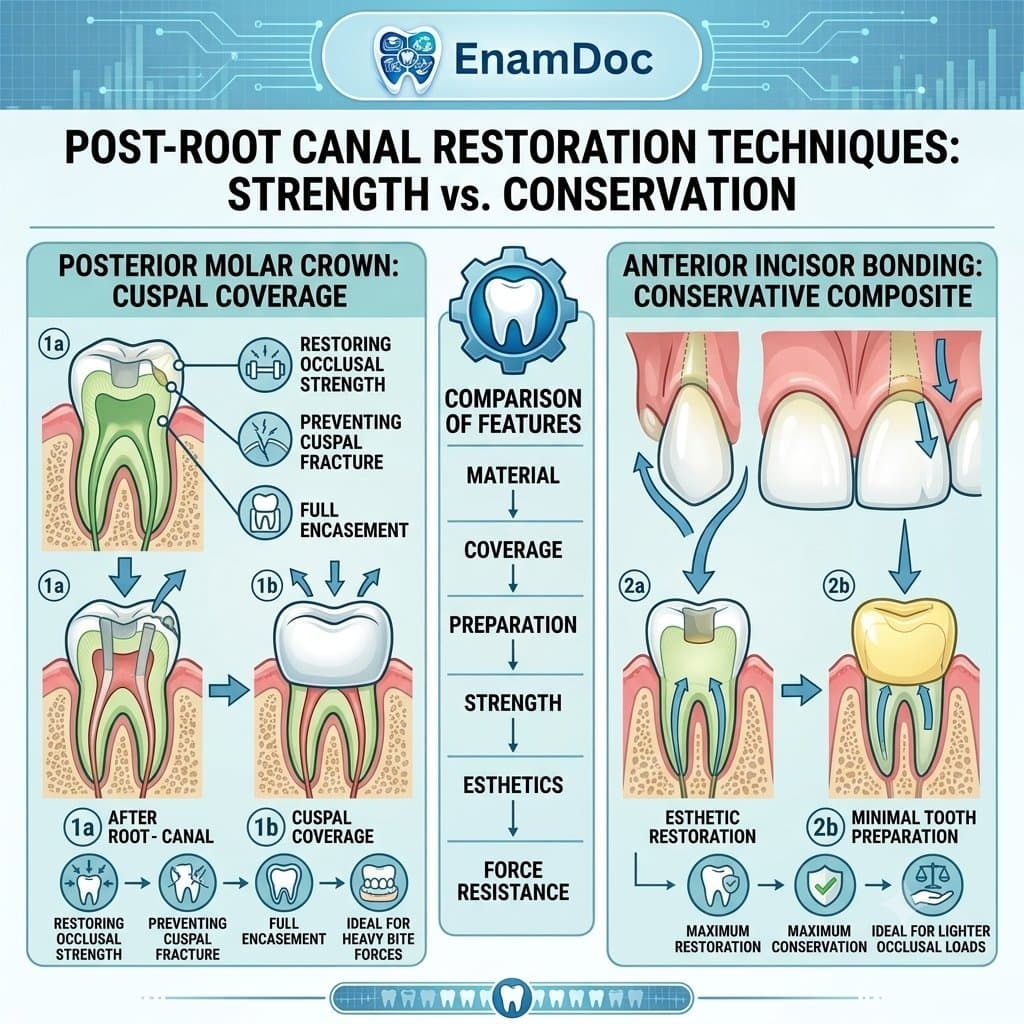 Diagram illustrating cuspal coverage on a posterior molar crown versus conservative composite bonding on an anterior incisor after root canal therapy, featuring the EnamDoc logo.