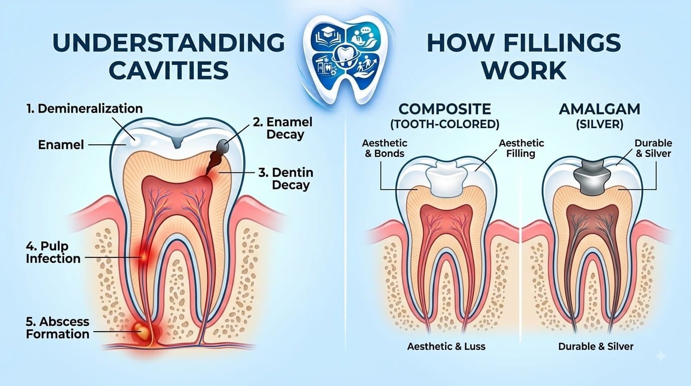 Dental infographic showing stages of tooth decay from enamel demineralization to pulp infection alongside composite tooth-colored and silver amalgam fillings, featuring the EnamDoc logo.