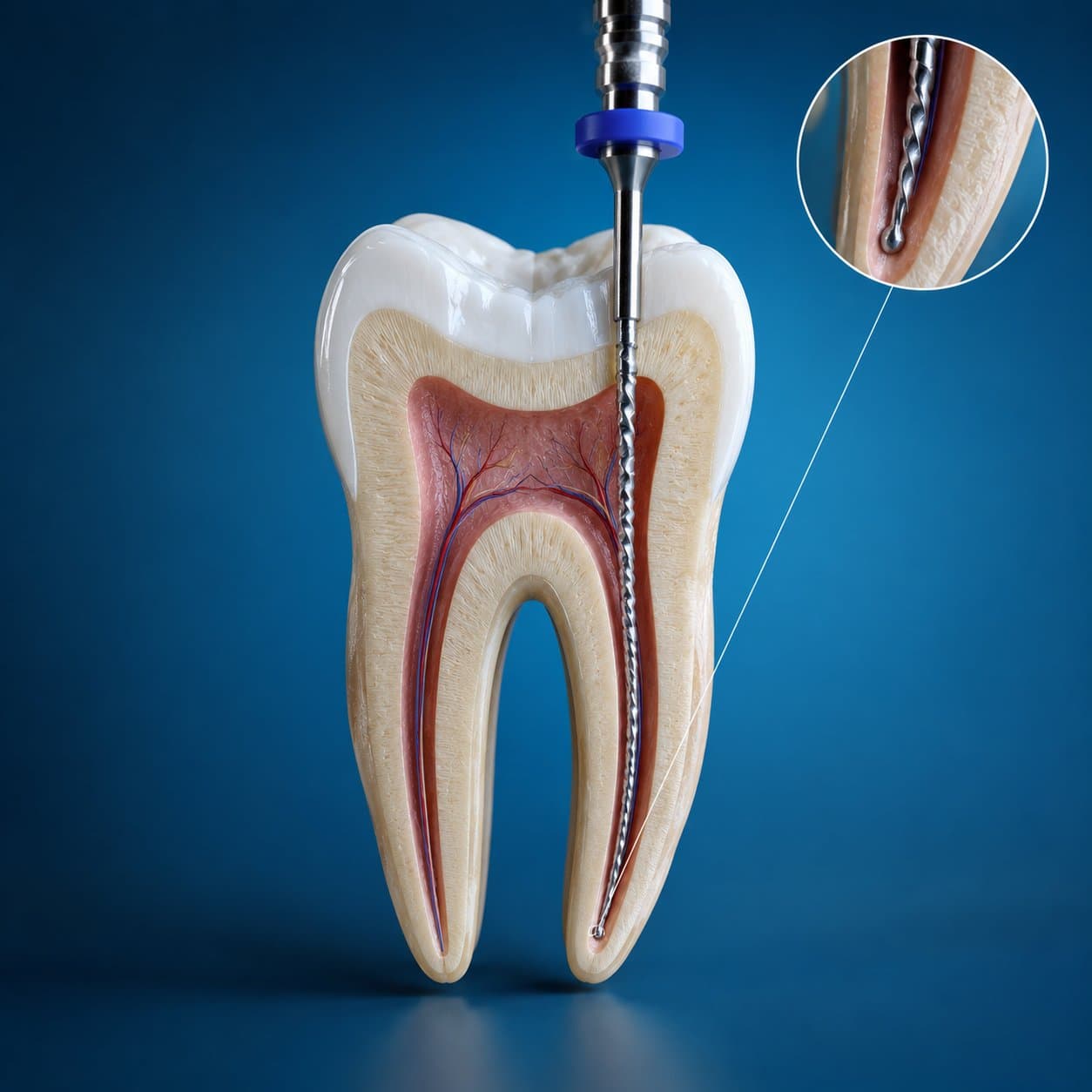 3D illustration of an endodontic file inside a tooth root canal during treatment