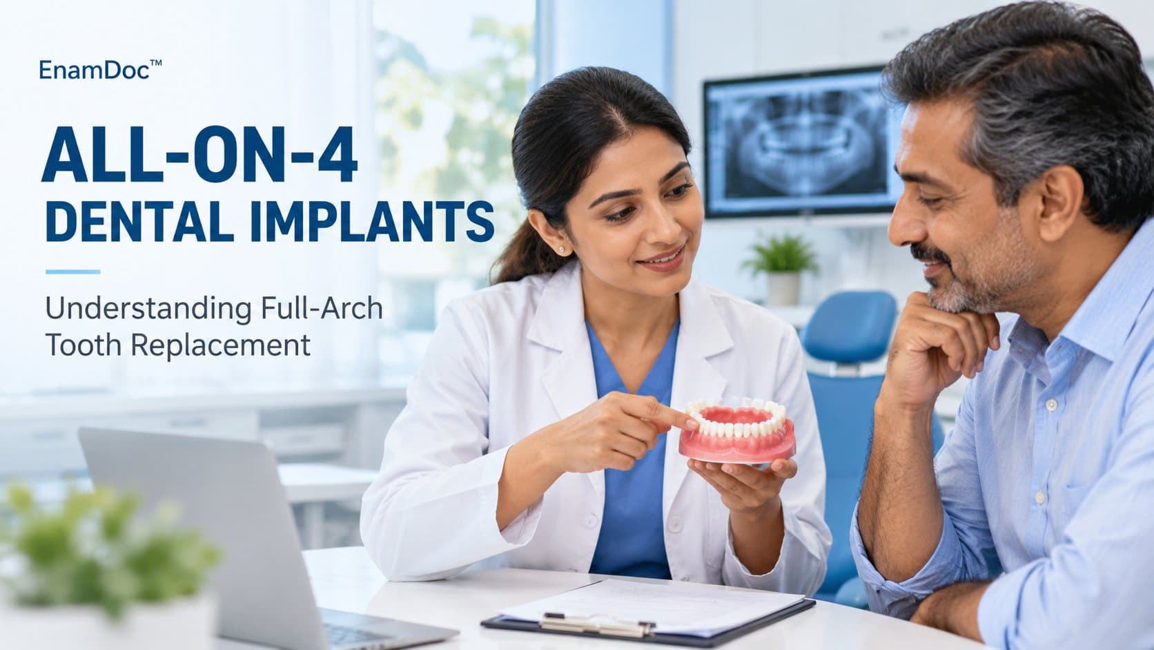 Dentist explaining full-arch tooth replacement to a patient using a dental model.