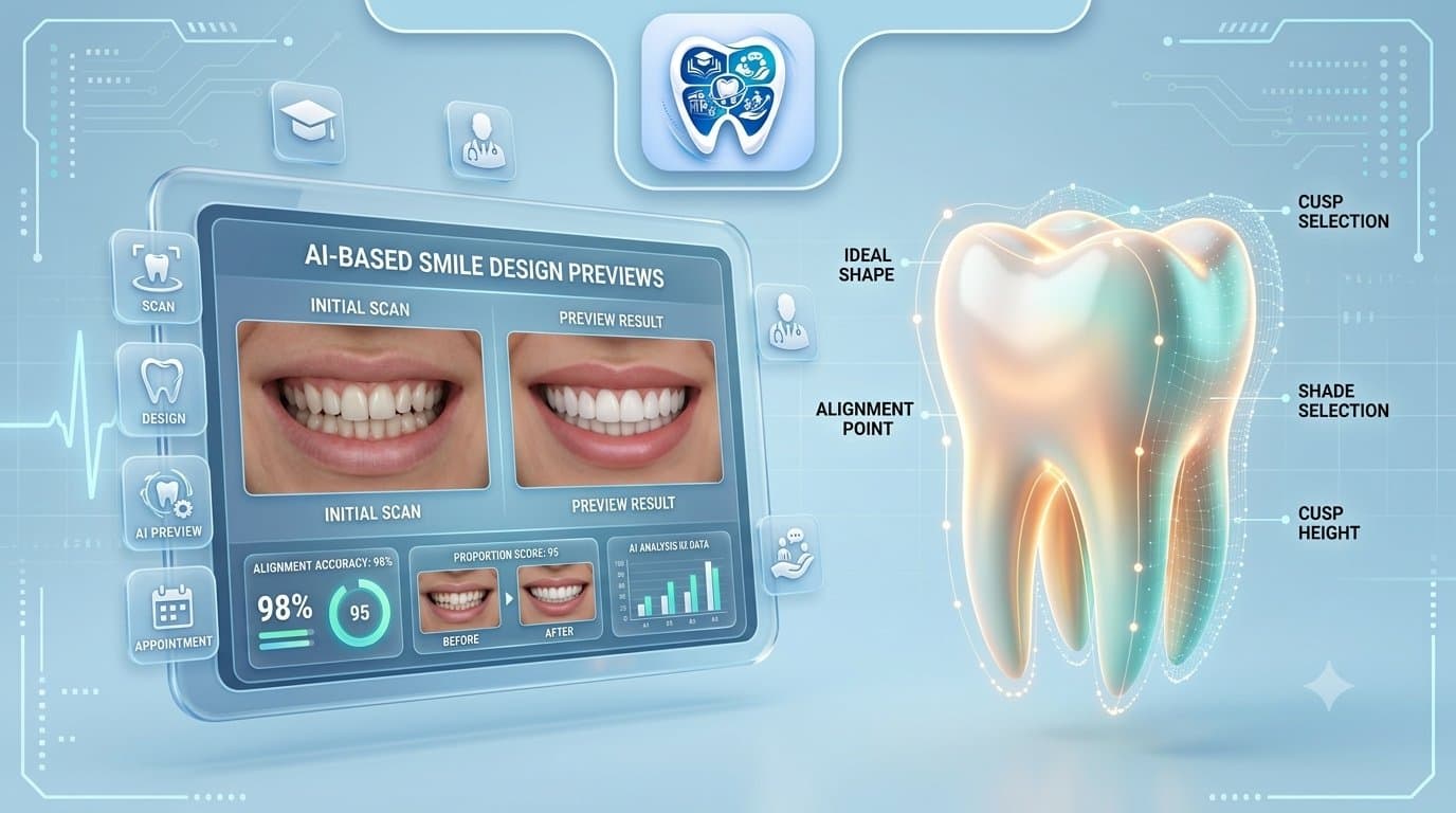 3D illustration of a smile scan interface next to a glowing tooth model, representing AI-based smile design previews.