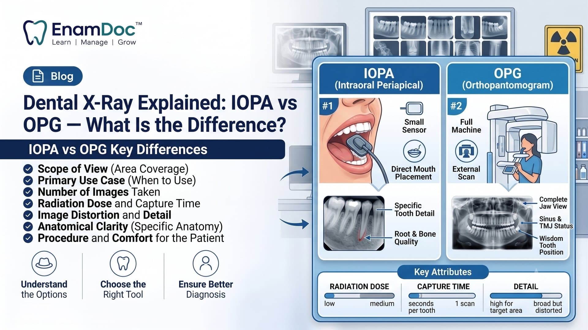 A health guide infographic comparing IOPA (Intraoral Periapical) and OPG (Orthopantomogram) dental X-rays, featuring the "EnamDoc" logo and "Learn | Manage | Grow" tagline. On the left side, under a "Blog" icon, the main title reads: "Dental X-Ray Explained: IOPA vs OPG – What Is the Difference?" Below this is a section titled "IOPA vs OPG Key Differences" with a list of checkmarks detailing: • Scope of View (Area Coverage) • Primary Use Case (When to Use) • Number of Images Taken • Radiation Dose and Capture Time • Image Distortion and Detail • Anatomical Clarity (Specific Anatomy) • Procedure and Comfort for the Patient At the bottom left are three icons: a hat, a tooth with magnifying glass, and a person with magnifying glass, with the text "Understand the Options," "Choose the Right Tool," and "Ensure Better Diagnosis." The right side of the infographic is divided into two main panels within a light blue border. The top-right panel for IOPA (#1) is titled "IOPA (Intraoral Periapical)" with a diagram showing a person's open mouth with a sensor, labeled with icons and text: "Small Sensor" and "Direct Mouth Placement." Below this is a sample IOPA X-ray showing three teeth with labels: "Specific Tooth Detail" and "Root & Bone Quality." The bottom-right panel for OPG (#2) is titled "OPG (Orthopantomogram)" with a diagram of a person inside an OPG machine, labeled with icons and text: "Full Machine" and "External Scan." Below this is a full panoramic OPG X-ray of the entire jaw with labels: "Complete Jaw View," "Sinus & TMJ Status," and "Wisdom Tooth Position." At the very bottom of the right side, a "Key Attributes" section provides a comparison chart with three bars for Radiation Dose, Capture Time, and Detail. For Radiation Dose, the bar shows "low" for IOPA and "medium" for OPG. For Capture Time, it indicates "seconds per tooth" for IOPA and "1 scan" for OPG. For Detail, the bar shows "high for target area" for IOPA and "broad but distorted" for OPG. The overall background features blurred elements of a modern dental office with an X-ray light box, multiple monitors displaying panoramic and periapical X-rays, shelves with files, and a large radiation warning symbol on the wall.