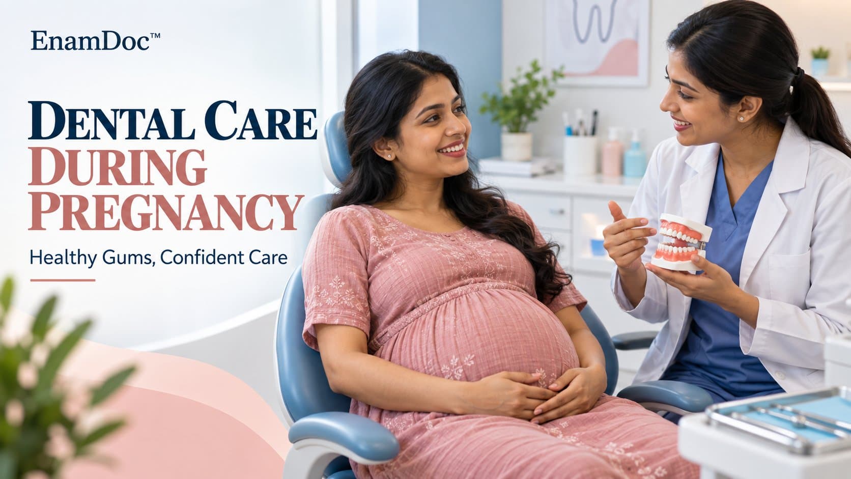 Pregnant woman consulting a dentist who explains oral care using a dental model.