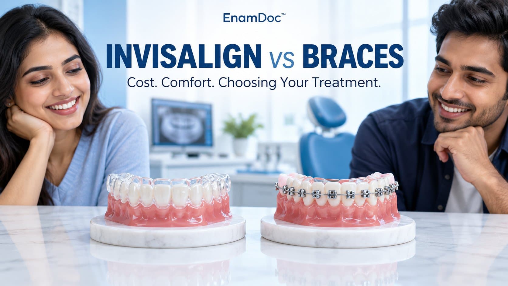 Clear aligner and metal braces displayed on separate dental models with two smiling adults behind them.