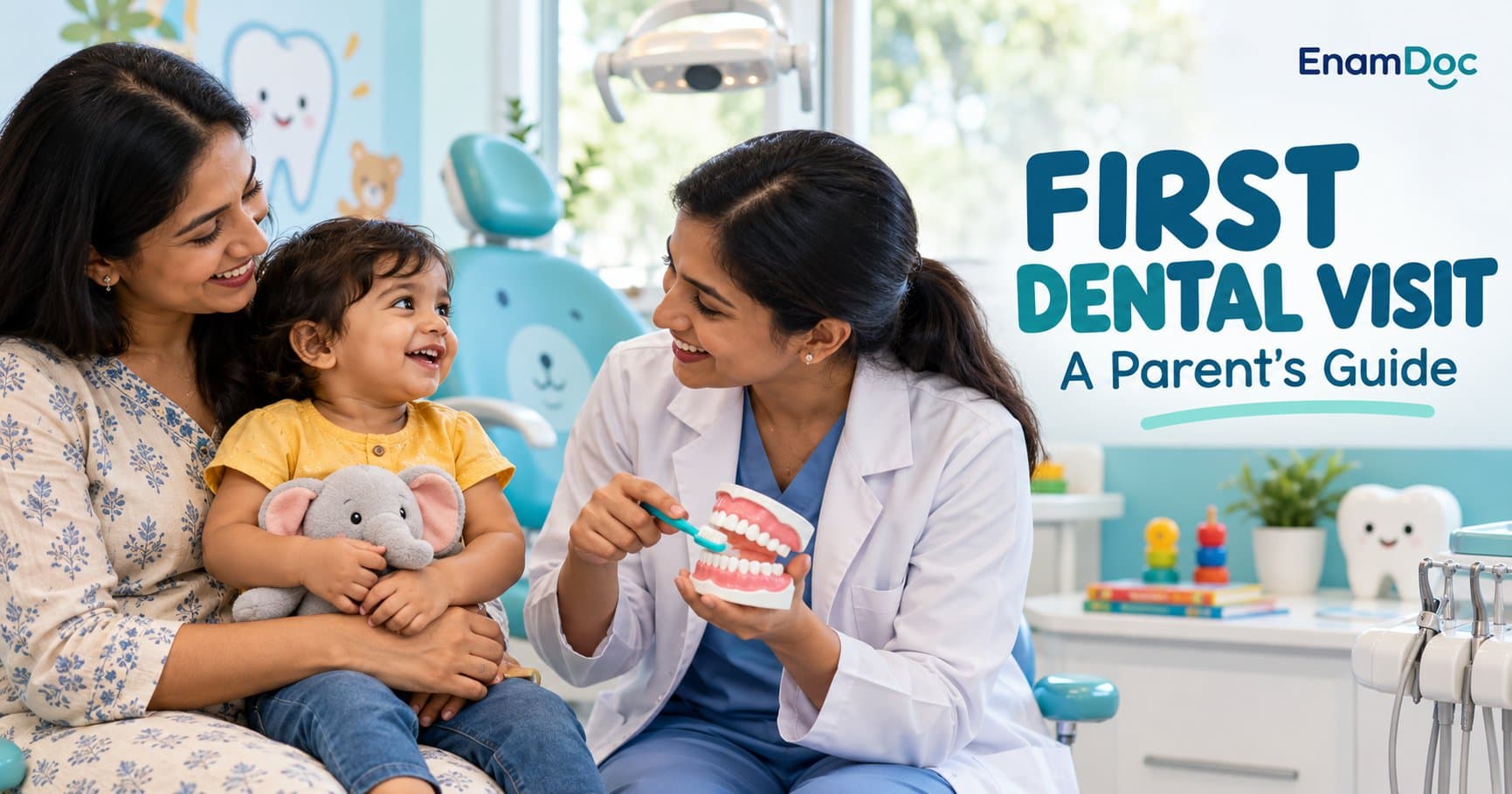 Smiling toddler sitting with a parent while a dentist demonstrates brushing on a model of teeth.