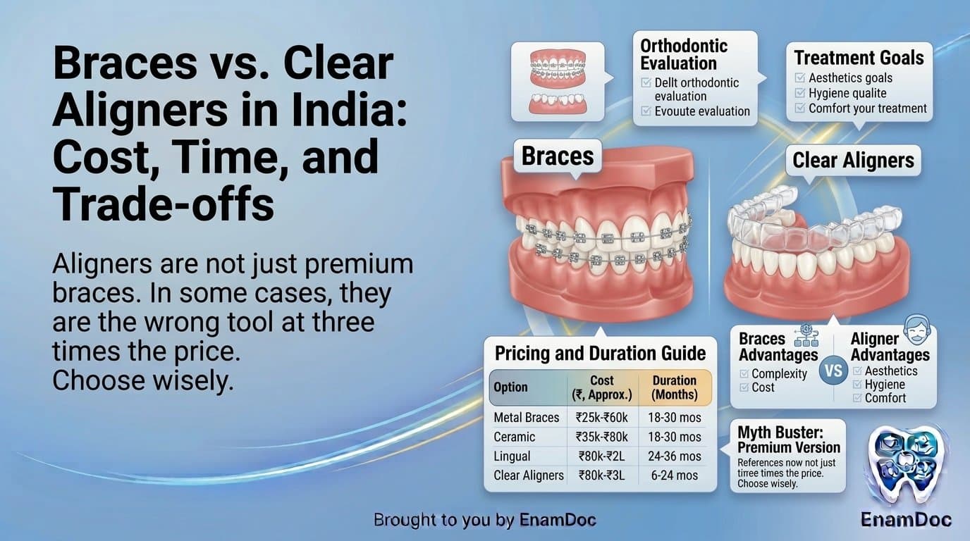 Side-by-side comparison of metal braces and a clear aligner tray