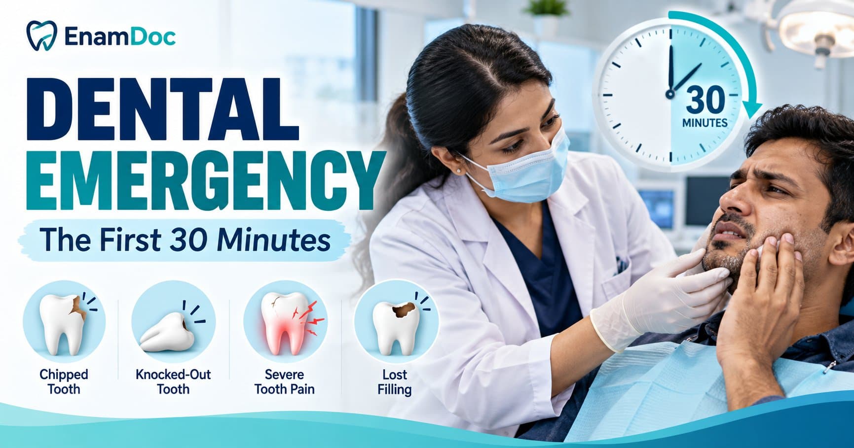 Dentist examining a patient with tooth pain beside a 30-minute clock and common dental emergency icons.