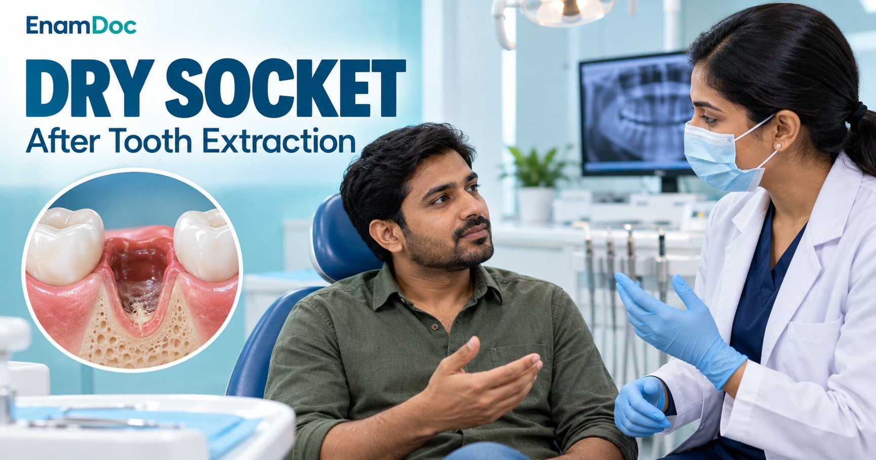 Patient speaking with a dentist beside an illustration of a tooth extraction socket.