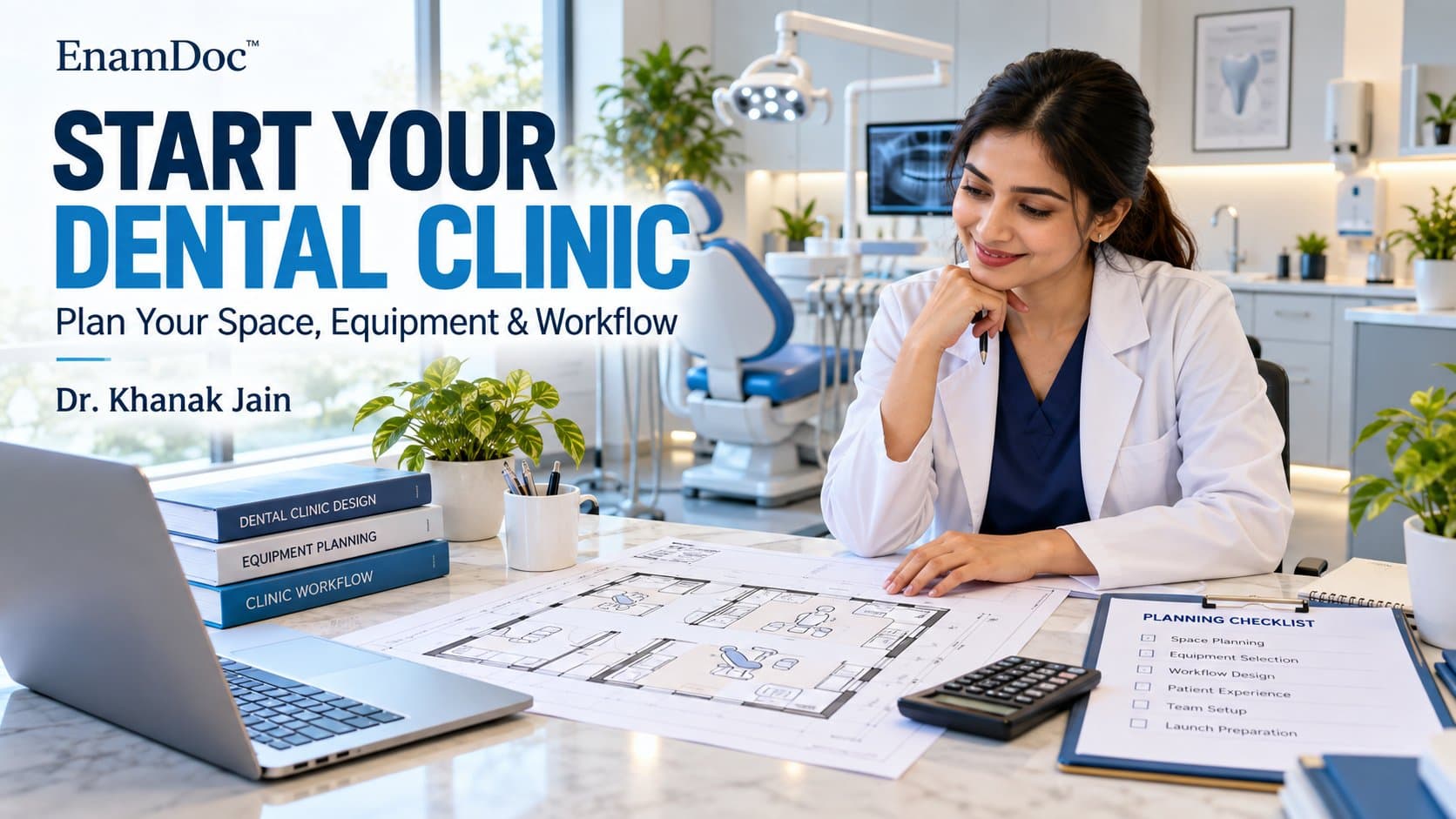 Dentist reviewing a clinic floor plan beside a laptop, calculator and planning checklist in a modern dental clinic.