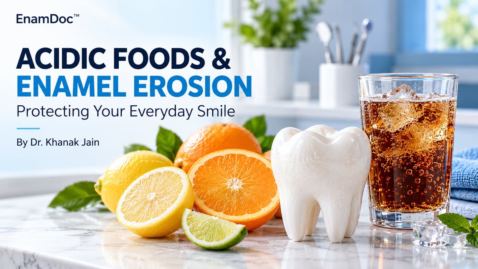 Sliced citrus fruit, a fizzy drink, and a tooth model representing acidic foods and enamel erosion.