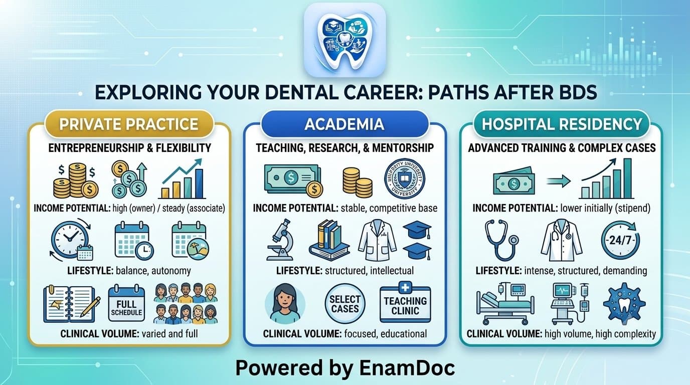 A dental career infographic illustrating three post-BDS paths—private practice, academia, and hospital residency—with icons for income, lifestyle, and clinical volume, featuring the EnamDoc logo.