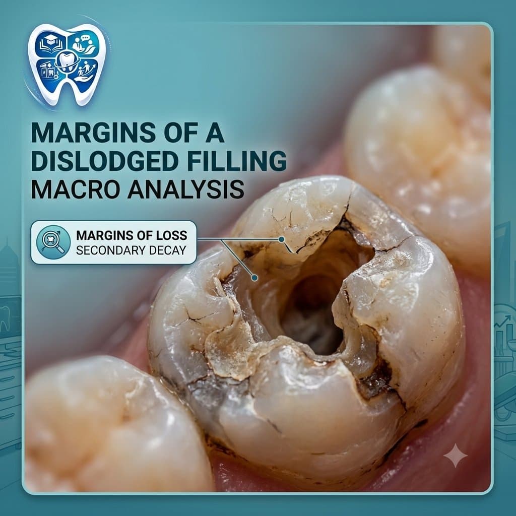 Macro shot of a damaged molar showing margins of a dislodged composite filling.