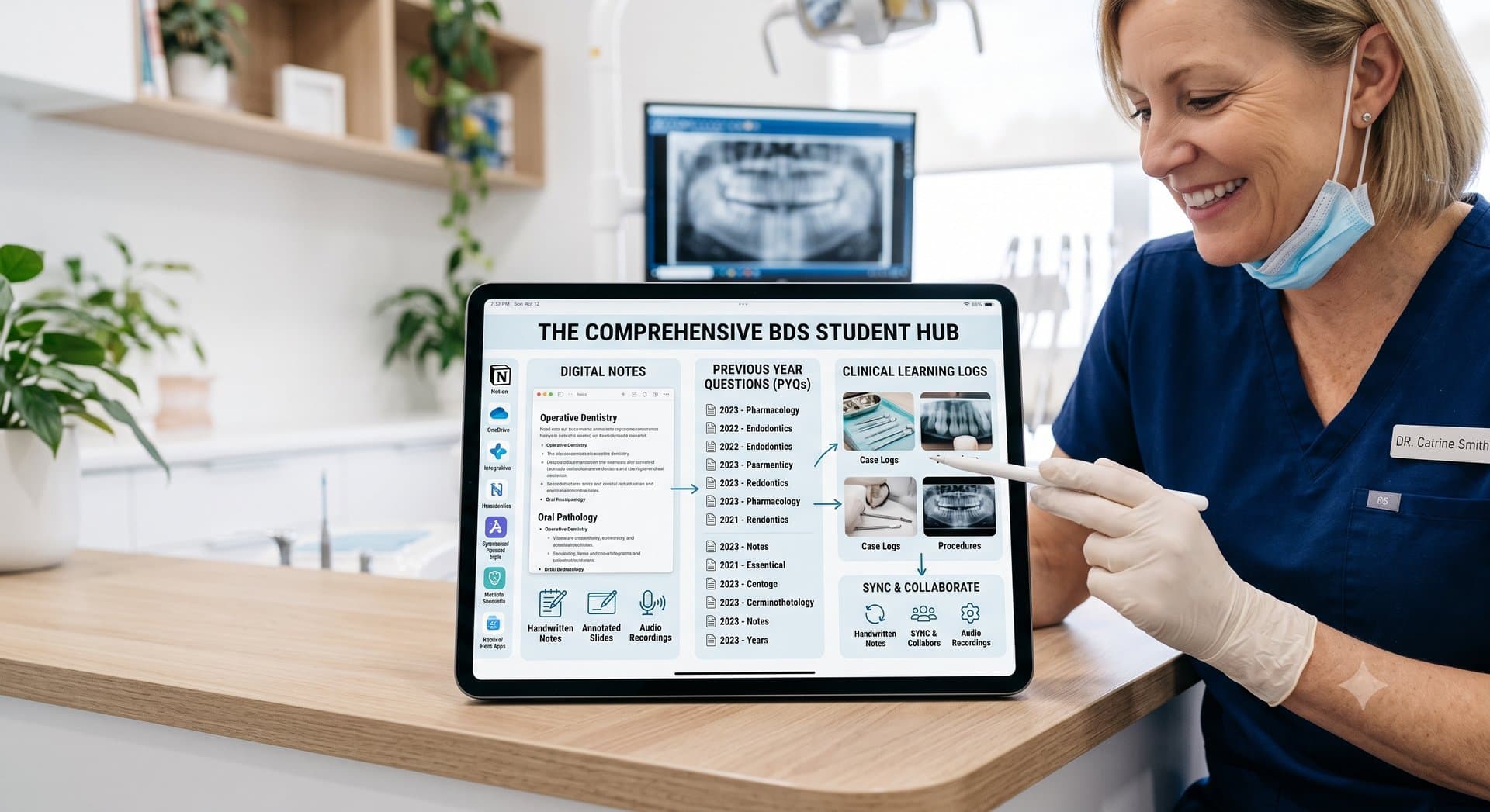 A dental instructor in navy scrubs and gloves holds a stylus, pointing toward a large digital tablet displaying an organized dashboard titled "THE COMPREHENSIVE BDS STUDENT HUB," which features categorized sections for Digital Notes, Previous Year Questions (PYQs), and Clinical Learning Logs in a modern dental office setting.