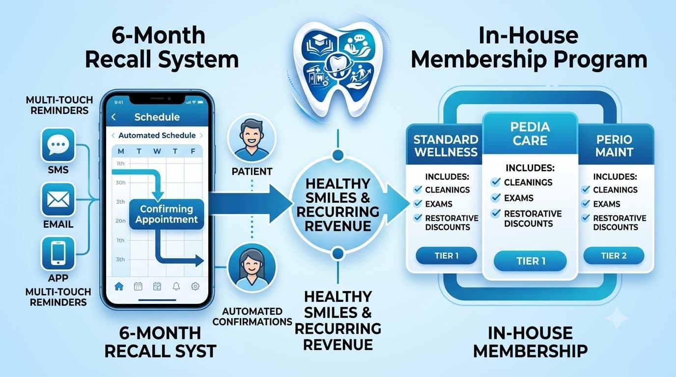 A clean illustrative infographic banner for a dental practice, built upon the blue clinical palette of the complex EnamDoc logo (which is integrated at the top center). It is split into two integrated flows: '6-Month Recall System' on the left, featuring automated SMS/email reminders leading to an appointment schedule, and 'In-House Membership Program' on the right, displaying digital cards with tiers (e.g., Wellness, Pedia, Perio) and included benefits. Arrows show how both programs lead to a central goal: 'HEALTHY SMILES & RECURRING REVENUE.' Modern typography and a soft, glowing light blue atmosphere connect all elements.