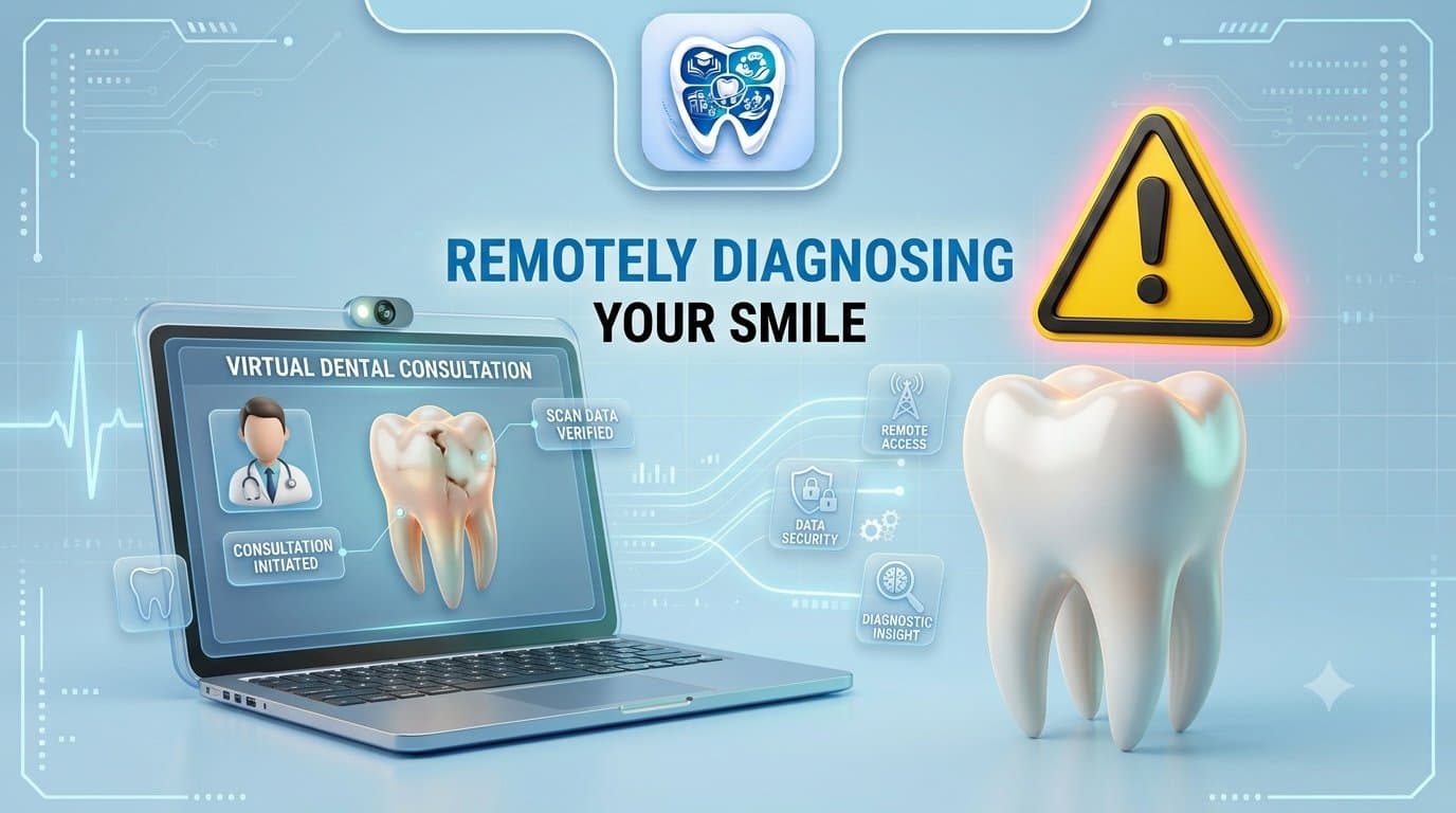 3D illustration of a virtual dental consultation on a laptop screen, showing a dentist icon reviewing a tooth scan remotely.