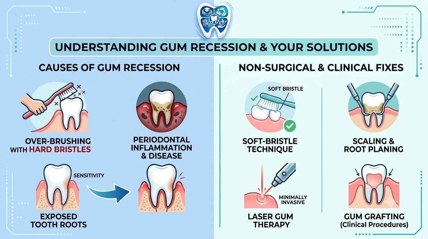 Dental health infographic showing the causes of receding gums such as overbrushing alongside non-surgical fixes and modern periodontal treatments, featuring the EnamDoc logo.